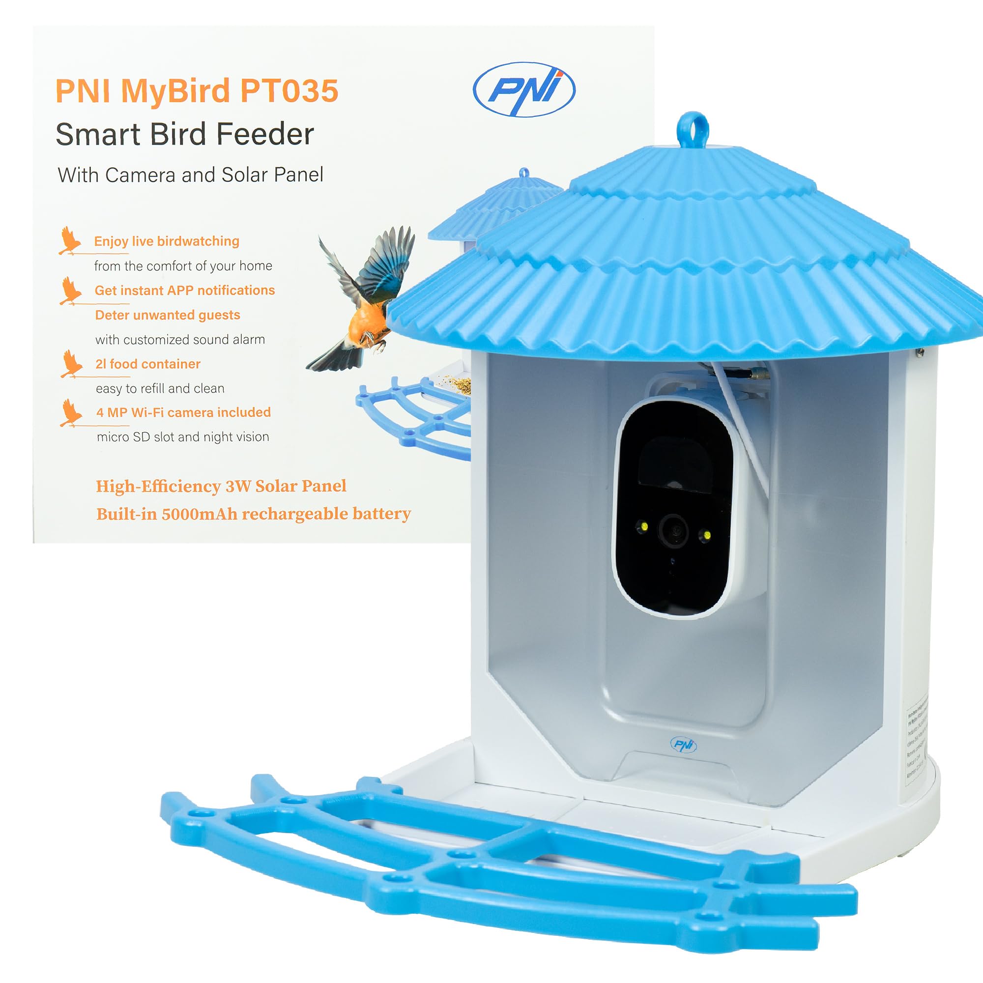 Comedero Inteligente para pájaros PNI MyBird PT035 con cámara Wi-Fi de 4MP y Panel Solar de 3W, depósito de Comida de 2l
