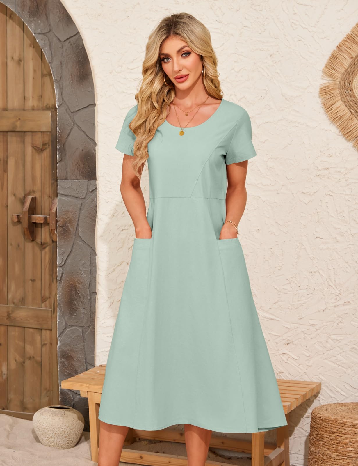 Vestito Donna Estivo Vestiti Lungo Cotone Abito Manica Corta Scollo Rotondo Elegante Vestito da Mare Spiaggia Boho Casual Abiti Lunghi con Tasche