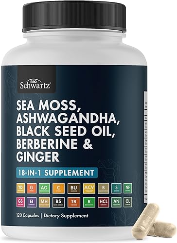 BioSchwartz Aceite de semilla negra de musgo marino Ashwagandha Suplemento de jengibre con cúrcuma berberina HCI bardana vejiga resveratrol saúco