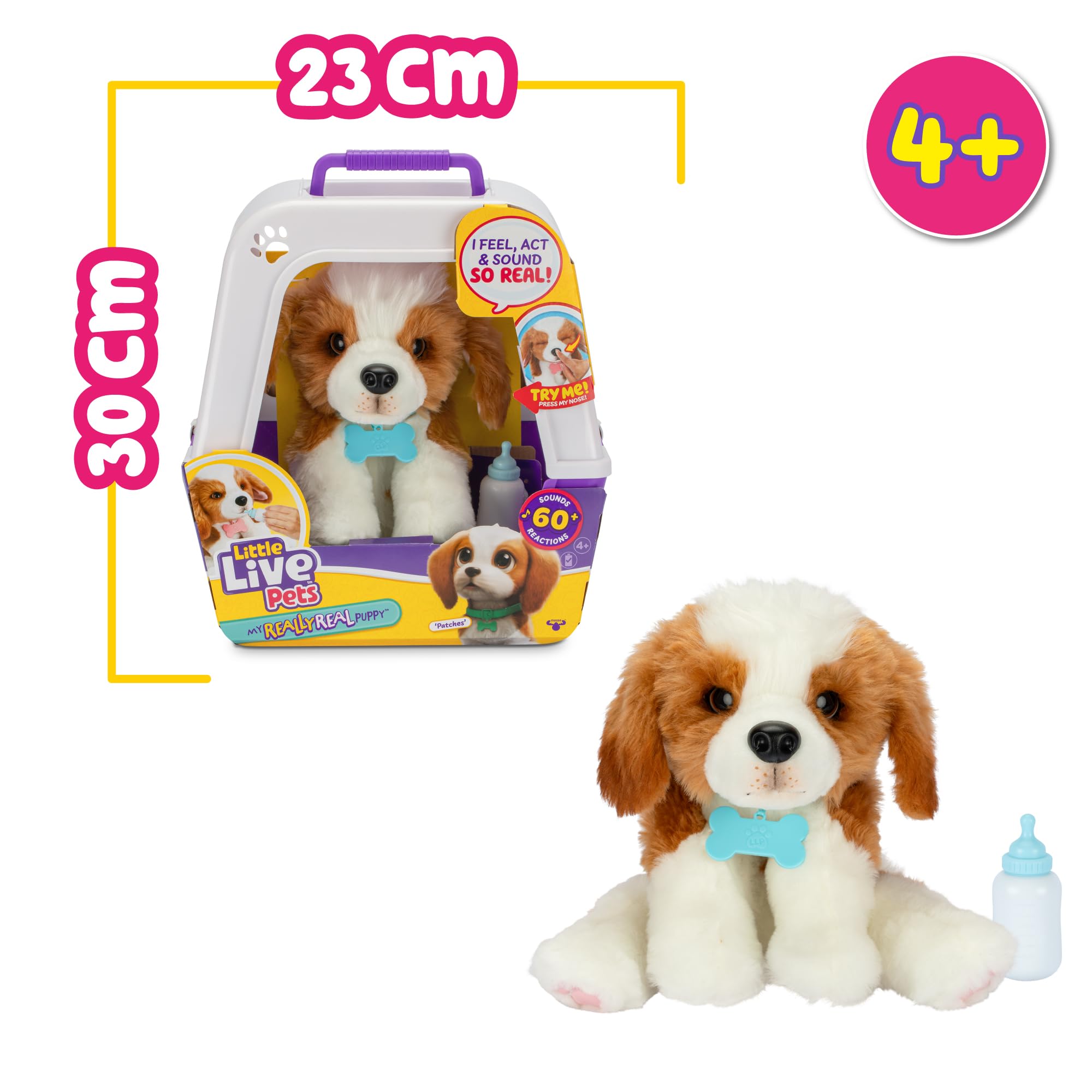 Little Live Pets - My Really Real Puppy, Mascota de Juguete, 50 Sonidos y Reacciones, Cachorro con Pelaje Suave y Ojos Que se Cierran, Transportín y Biberón Incluidos, +4 años, Famosa (LP800000)