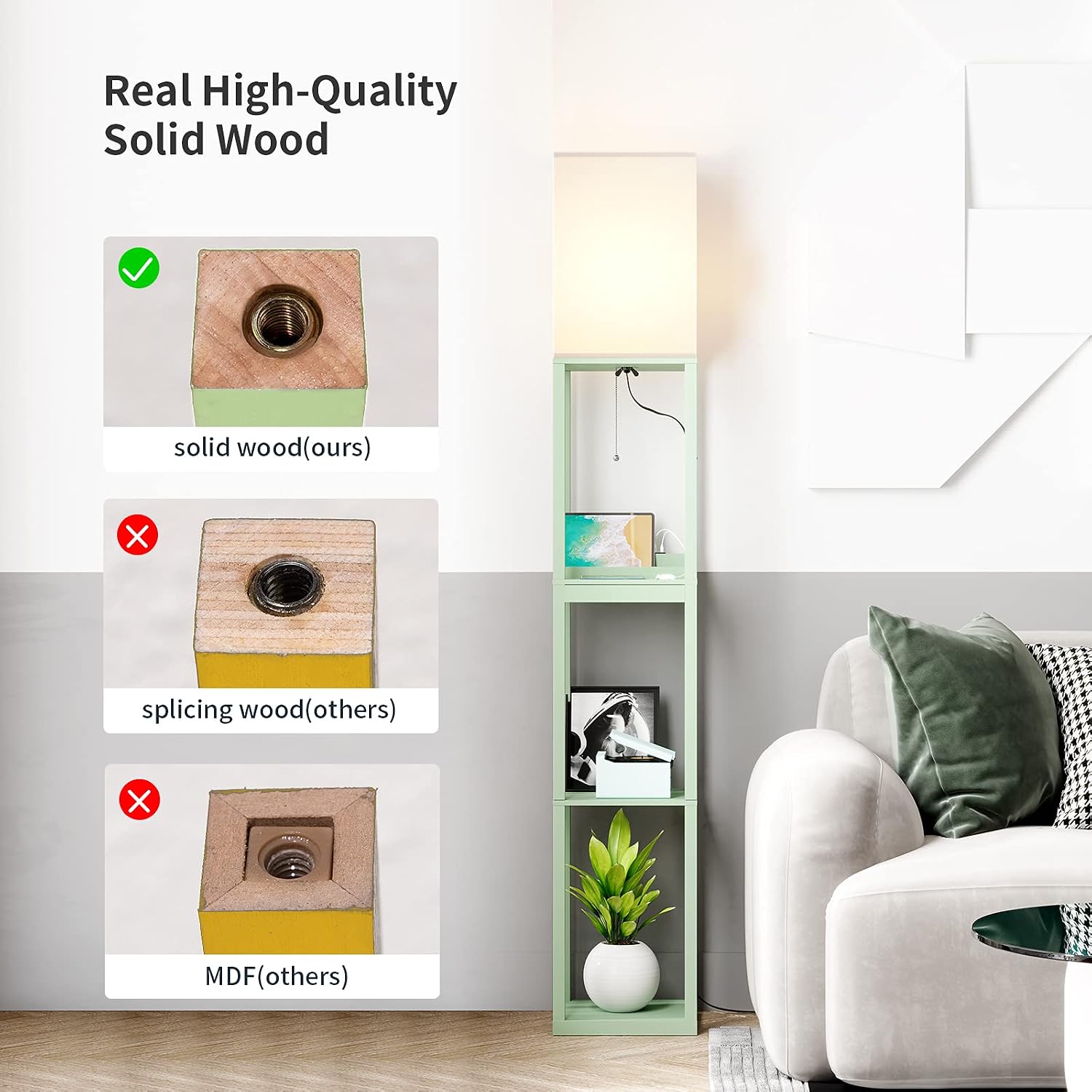 SUNMORY Floor Lamp with Shelves,Modern Dimmable Solid Wood Standing Lamp Both with 1 Drawer and 2 USB Ports & 2 Power Outlet,Corner Tall Bookshelf Lamp for Living Room and Bedroom(Green)