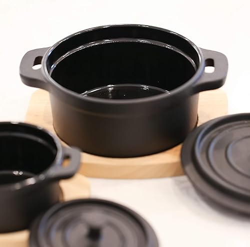 Miniatura 5 de Frieling Mini horno holandés de hierro fundido con interior esmaltado y salvamanteles de madera, 1 taza, negro