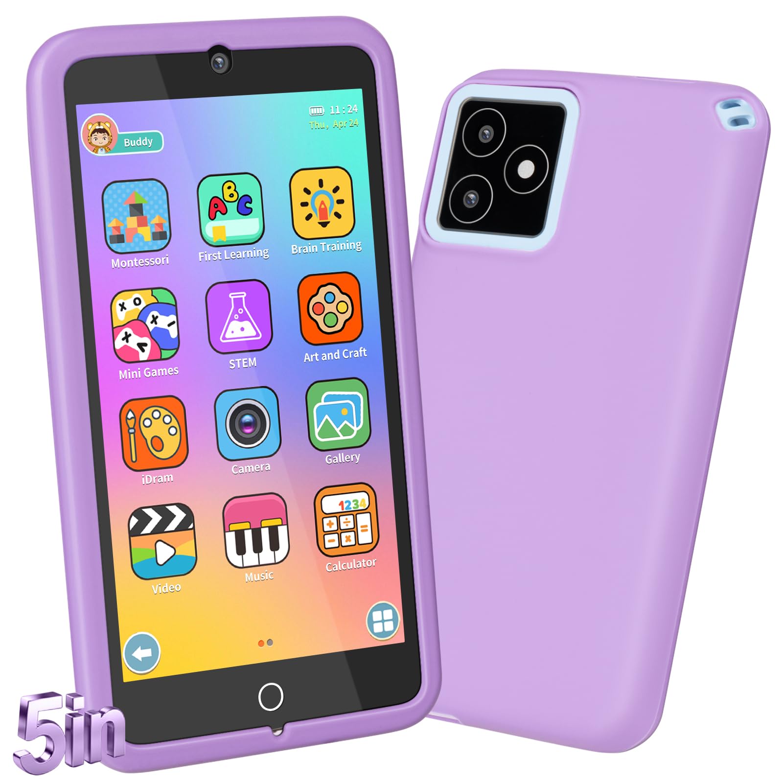 GREENCREEK Smartphone per bambini con schermo touch screen da 5 pollici, telefono per bambini con giochi e doppia fotocamera, giocattoli per bambini, ragazzi e ragazze che imparano il telefono