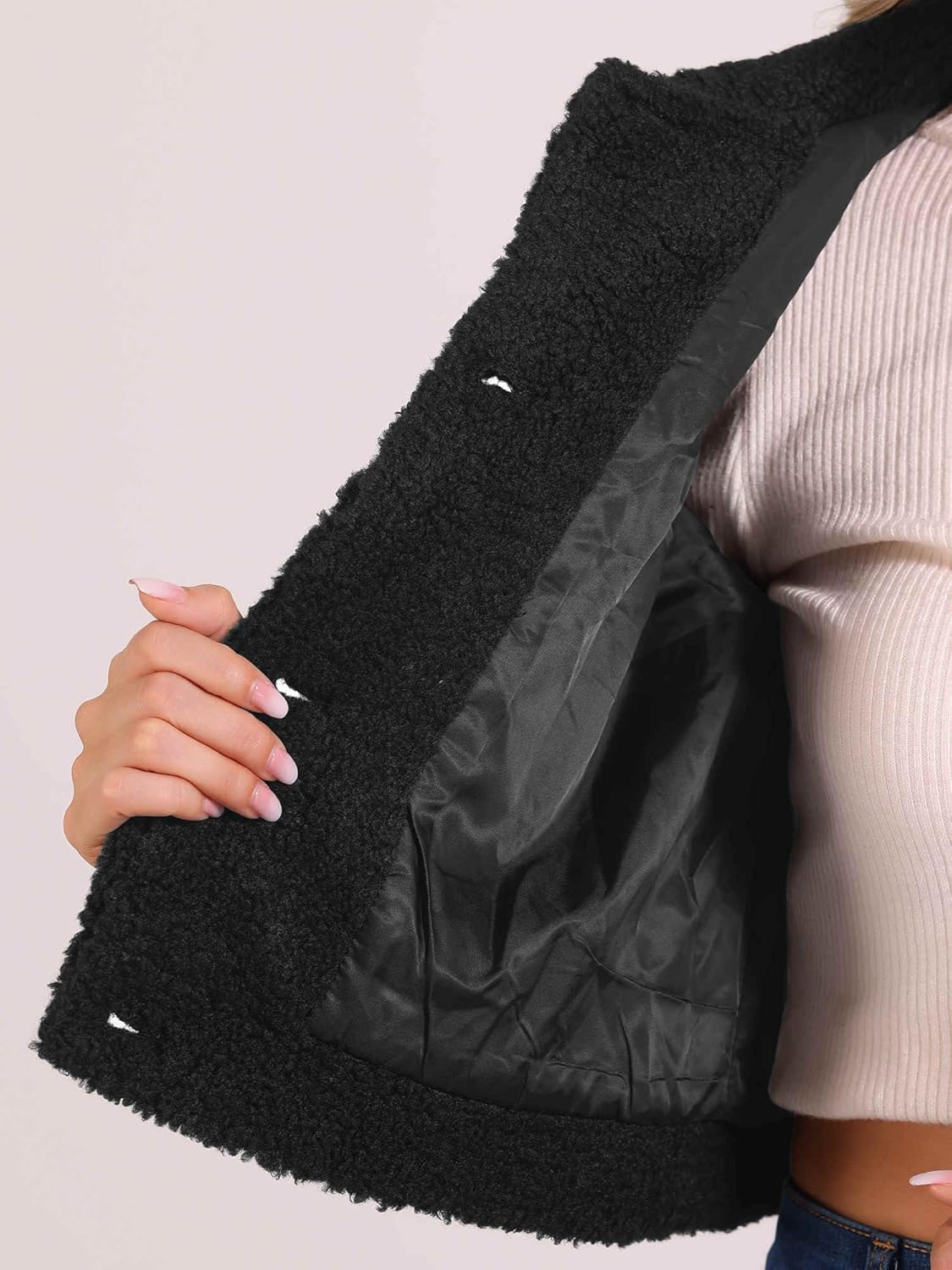 Allegra K Fuzzy Fleece Jacket for Women's Casual Faux Fur Button Winter Outerwear Short Coat - Image 5