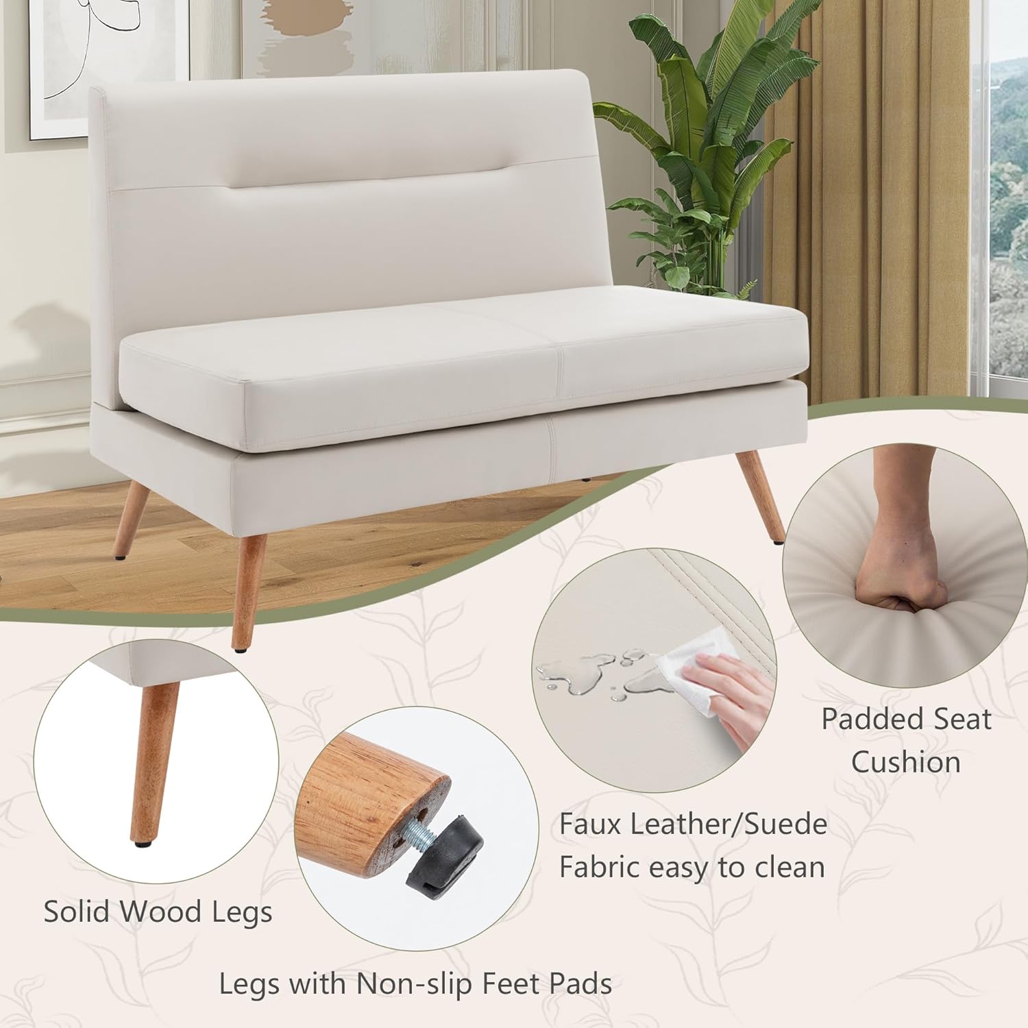 Yongqiang Upholstered Settee Bench with Back Small Loveseat Sofa Faux Leather Dining Bench Banquette Seating for Kitchen Dining Room Living Room Mini Couch Beige