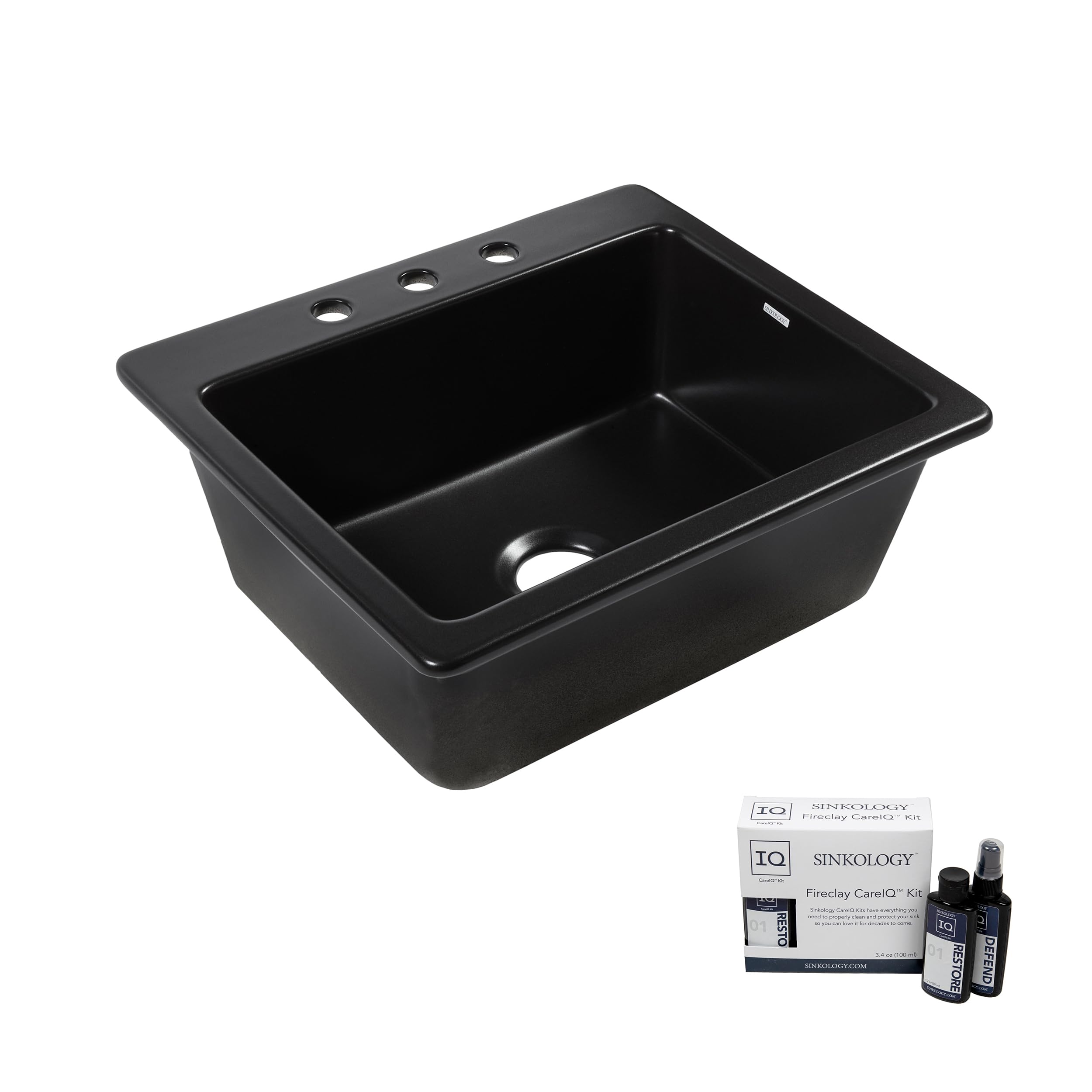 Jackson Matte Black Fireclay 25" Single Bowl Drop-In Kitchen Sink with Care Kit