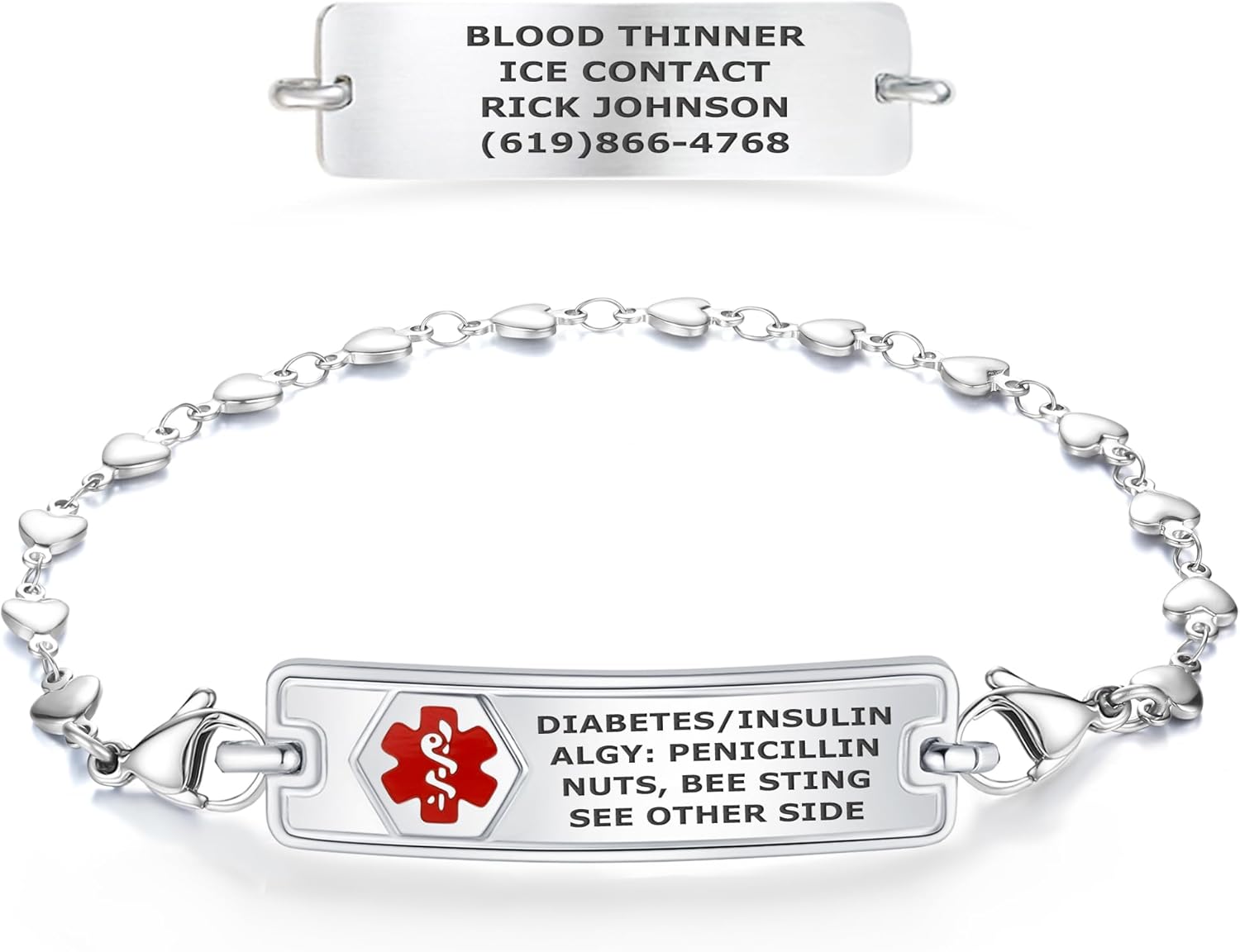 Divoti Medical Alert Bracelets for Women, Custom Engraved Classic Medical ID Bracelet, w/Heart Link Chain — Color/Size