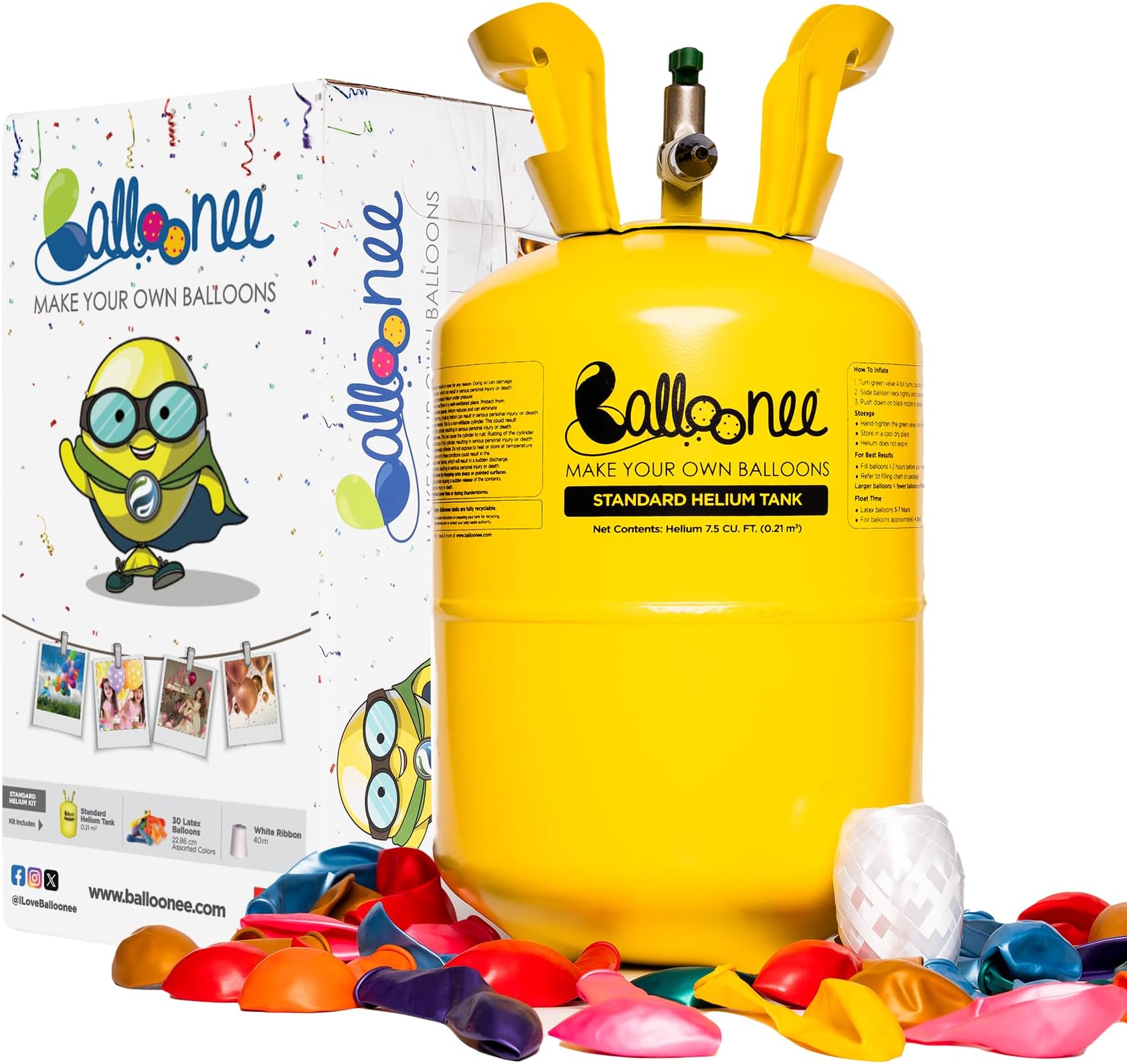 Balloonee Standard Disposable Helium Party Kit, Helium Tank for Balloons At Home, 7.5 Cu Ft Helium Balloon Pump Kit with 30 Assorted Latex Balloons, Helium Tank