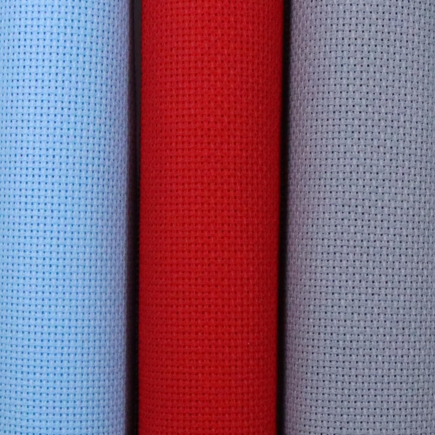 KCS 3 pc of 15" x 18"(38cmx45cm) 18 Count Cross Stitch Cotton Aida Cloth Needlework Rolled Fabric Box,18CT,Light Blue+Red+Light Steel Grey