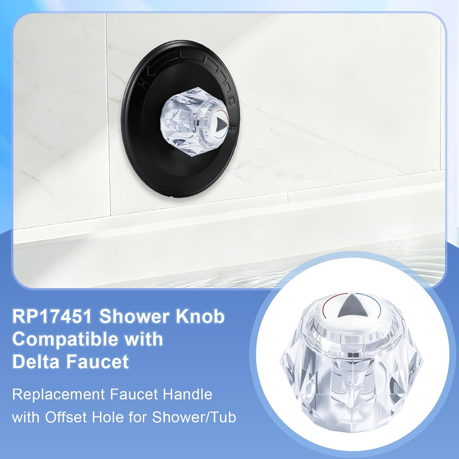 RP17451 Shower Faucet Handle Replacement, Compatible with Delta Series Shower knob, Clear Acrylic Shower Knob with Offset Hole, 2-1/2"Hx 2-1/8W