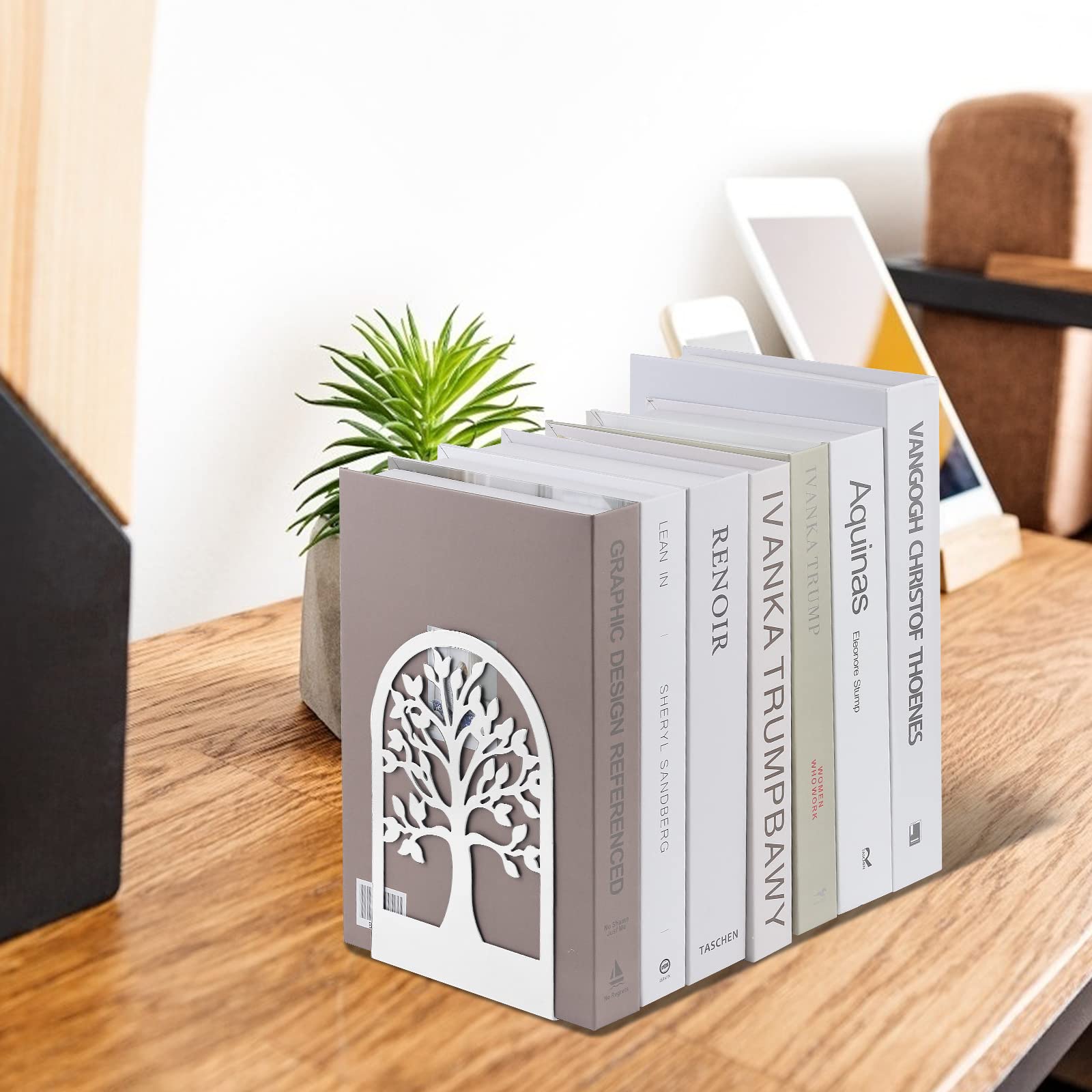 MSDADA Fermalibri Metallici Con Design Ad Albero - Set Da 2 Reggilibri Antiscivolo Per Librerie E Scrivanie - Bianco