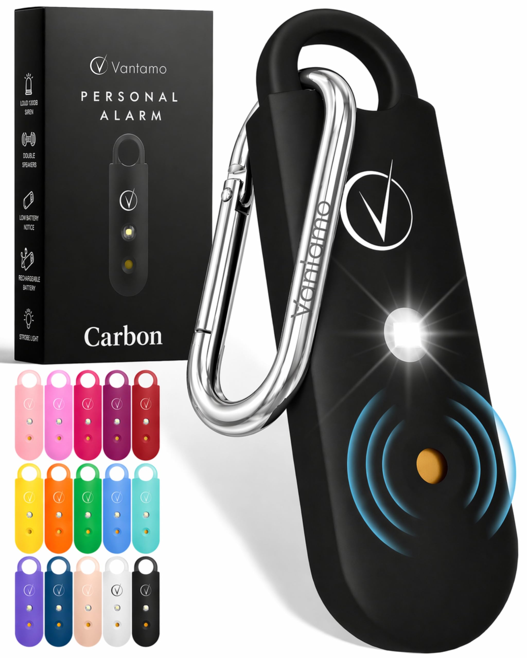 Vantamo Alarma Personal para Mujeres 130dB con Doble Altavoz, Luz Estroboscópica Potente e Indicador De Batería Baja, Llaveros Dispositivo de Autodefensa Personal Compacto