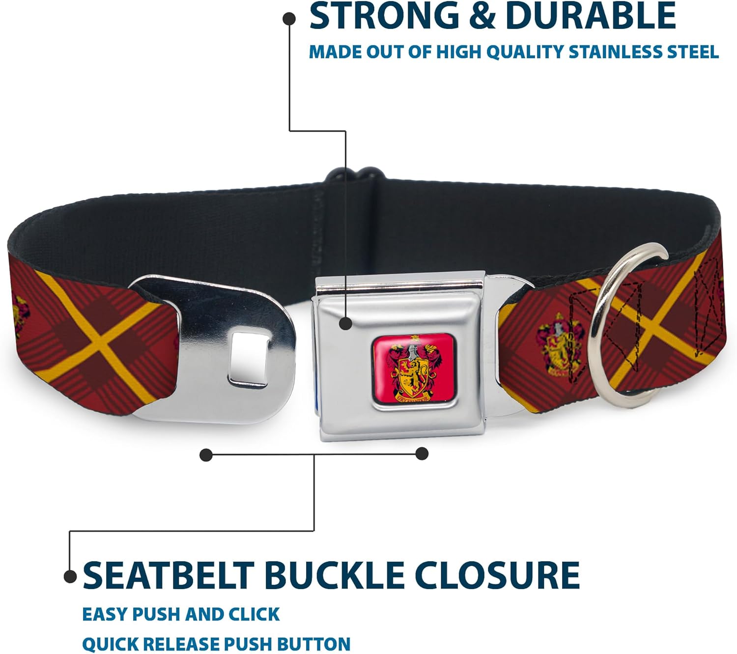 Dog Collar Seatbelt Buckle Harry Potter Gryffindor Crest Plaid Reds Gold 20 to 31 Inches 1.5 Inch Wide