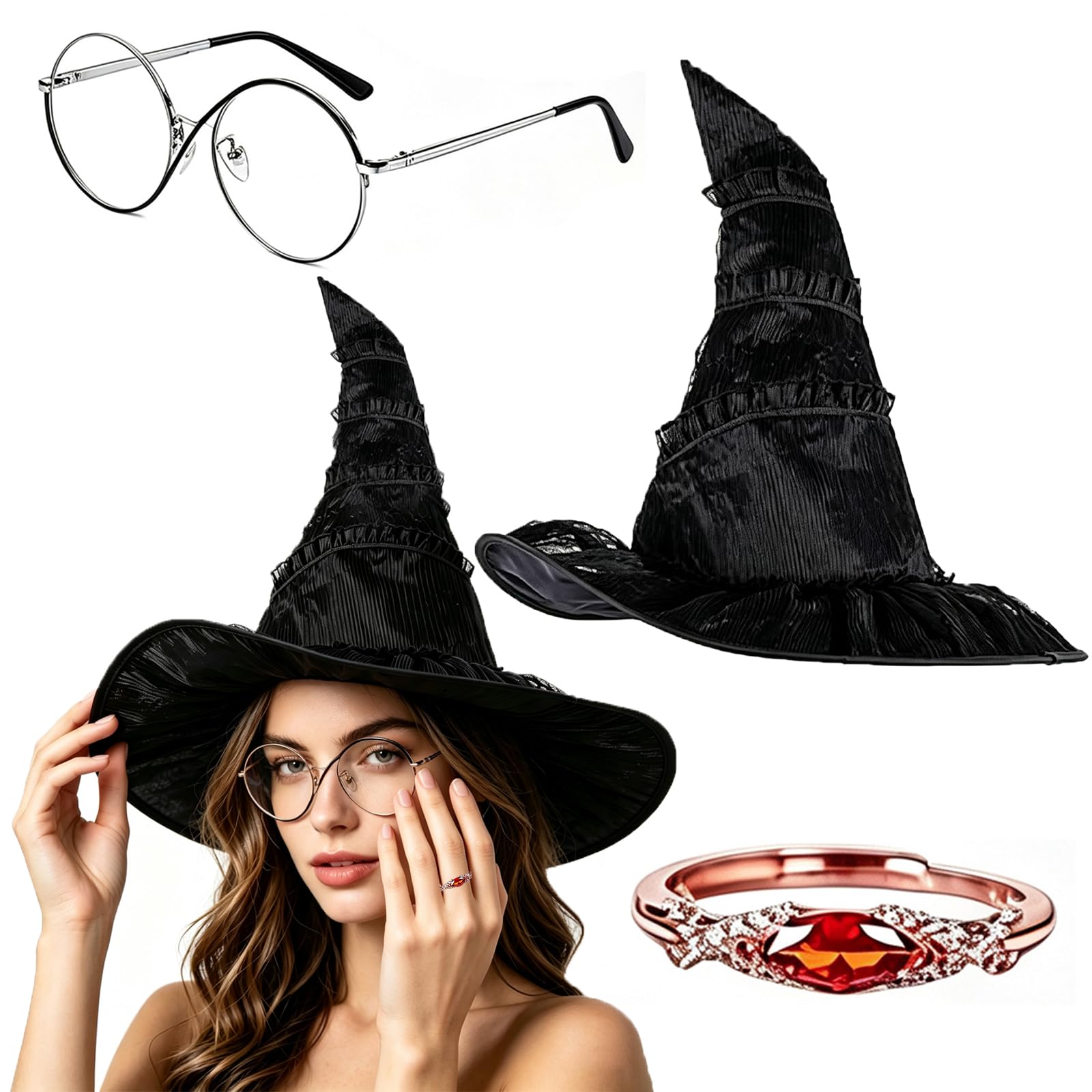 ZPSCXQ 3-Piece Witch Hat Set, Black Wizard Hat with Golden Frame ﻿