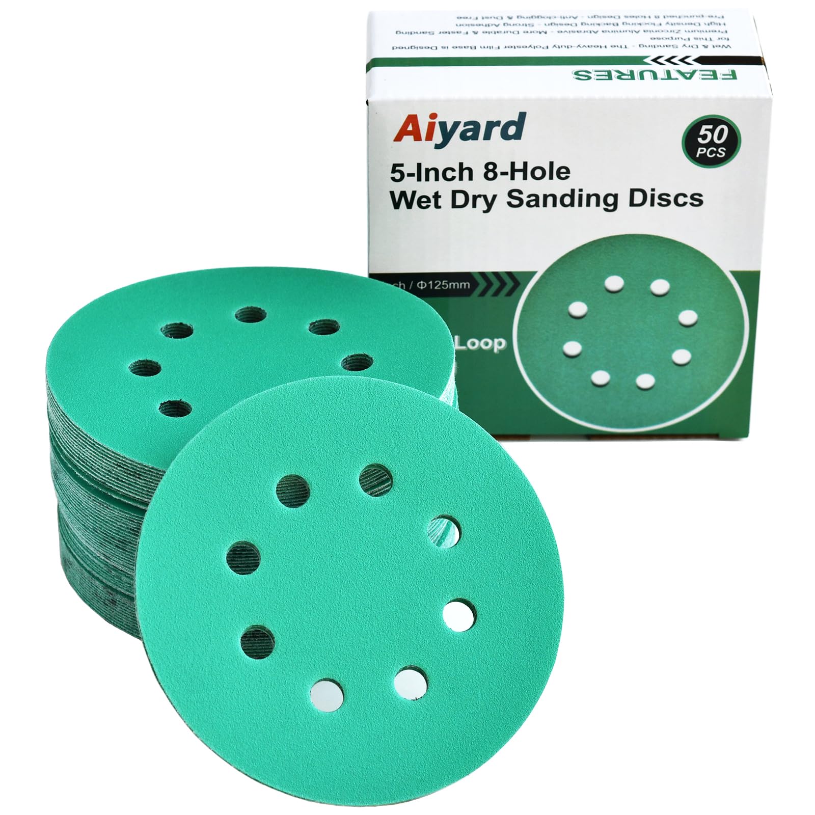 5-Inch 8-Hole Wet Dry Sanding Discs 220 Grit, Polyester Film Backed Heavy-Duty Hook and Loop Sandpaper for Random Orbital Sander, 50-Pack