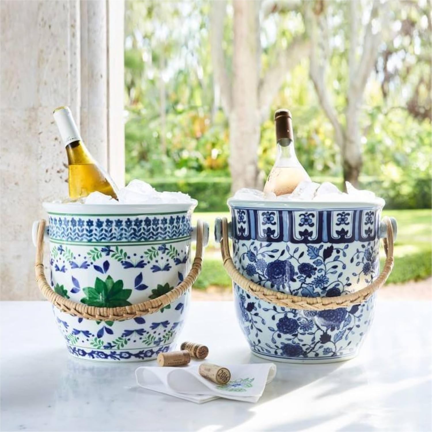 Ceramic Ice Bucket with Comfortable Carry Handle Large for Parties Home(Blue)