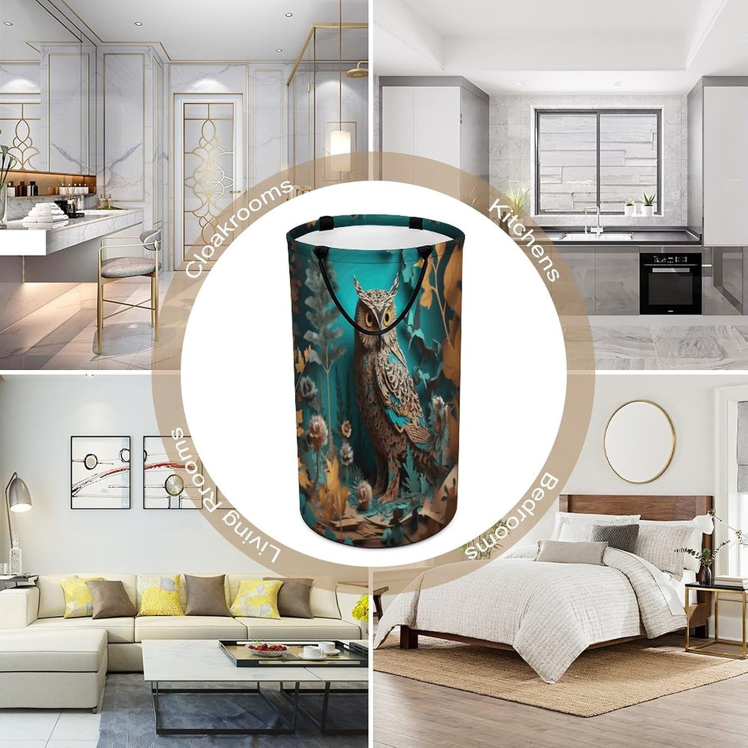 Owl Laundry Hamper with Handles Freestanding Large Laundry Basket Collapsible Clothes Hamper Waterproof Clothes Basket for Family Bathroom Decor Storage 86L