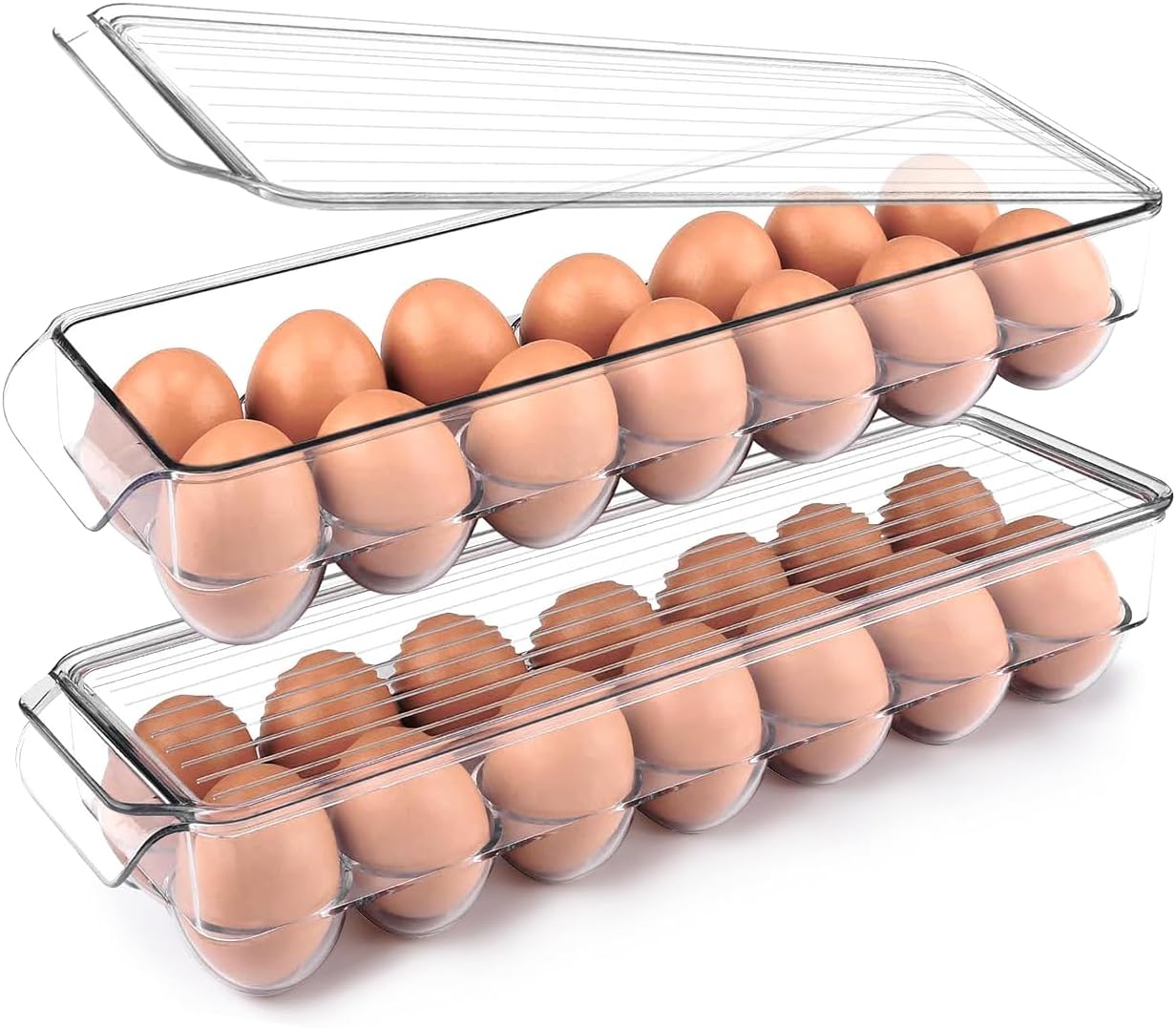 Strayelf BPA-free Clear Plastic Egg Holder, Egg Container For Refrigerator - 14 Egg Container With Lid & Handle, Egg Holder For Refrigerator, Egg Storage & Egg Tray (Pack of 2)