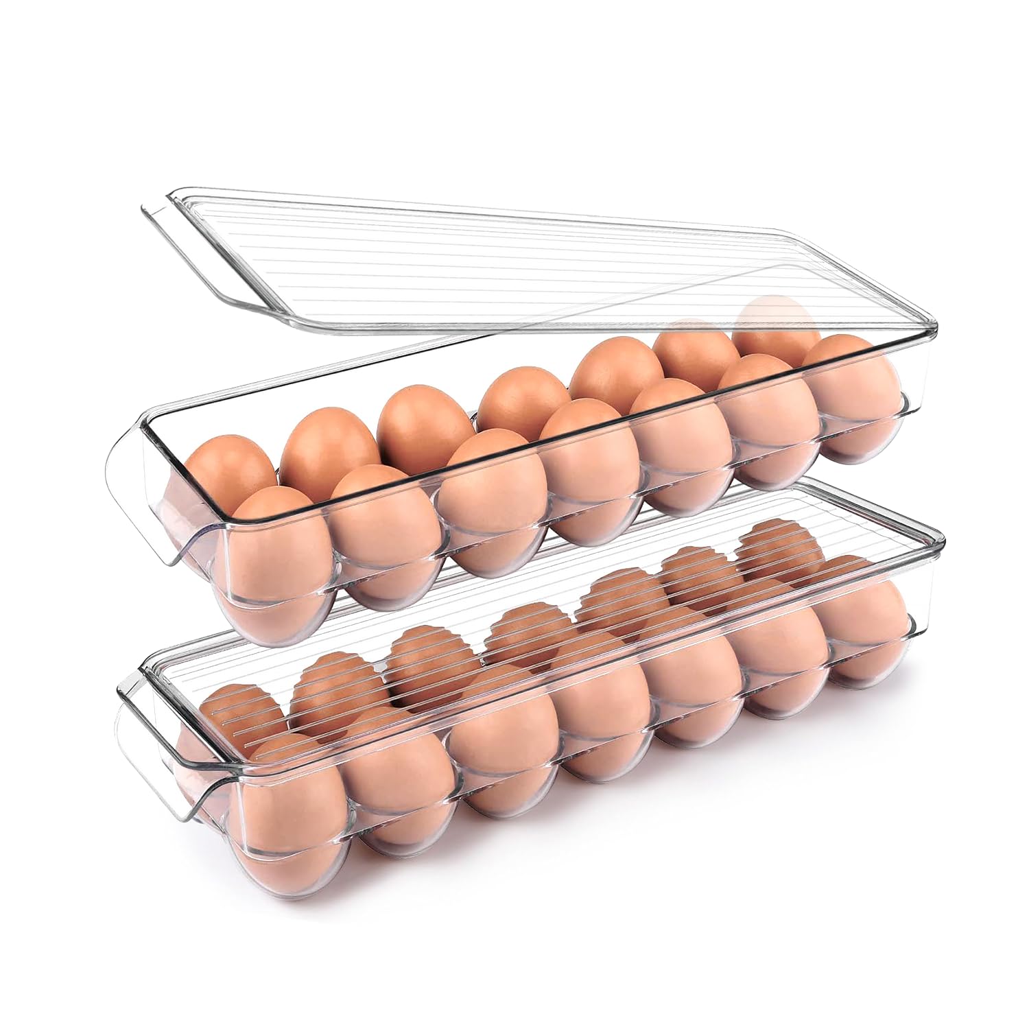 Strayelf BPA-free Clear Plastic Egg Holder, Egg Container For Refrigerator - 14 Egg Container With Lid & Handle, Egg Holder For Refrigerator, Egg Storage & Egg Tray (Pack of 2)