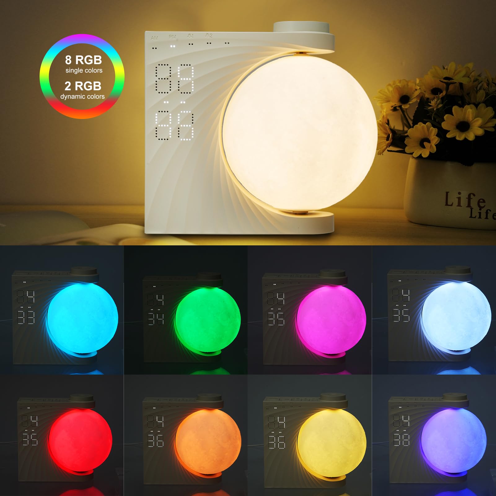 Neoglint Veilleuse lune RVB à changement de couleur, double réveil avec répétition, lumière de réveil, machine à bruit blanc pour le sommeil, lampe de chevet à intensité variable, réglage de la