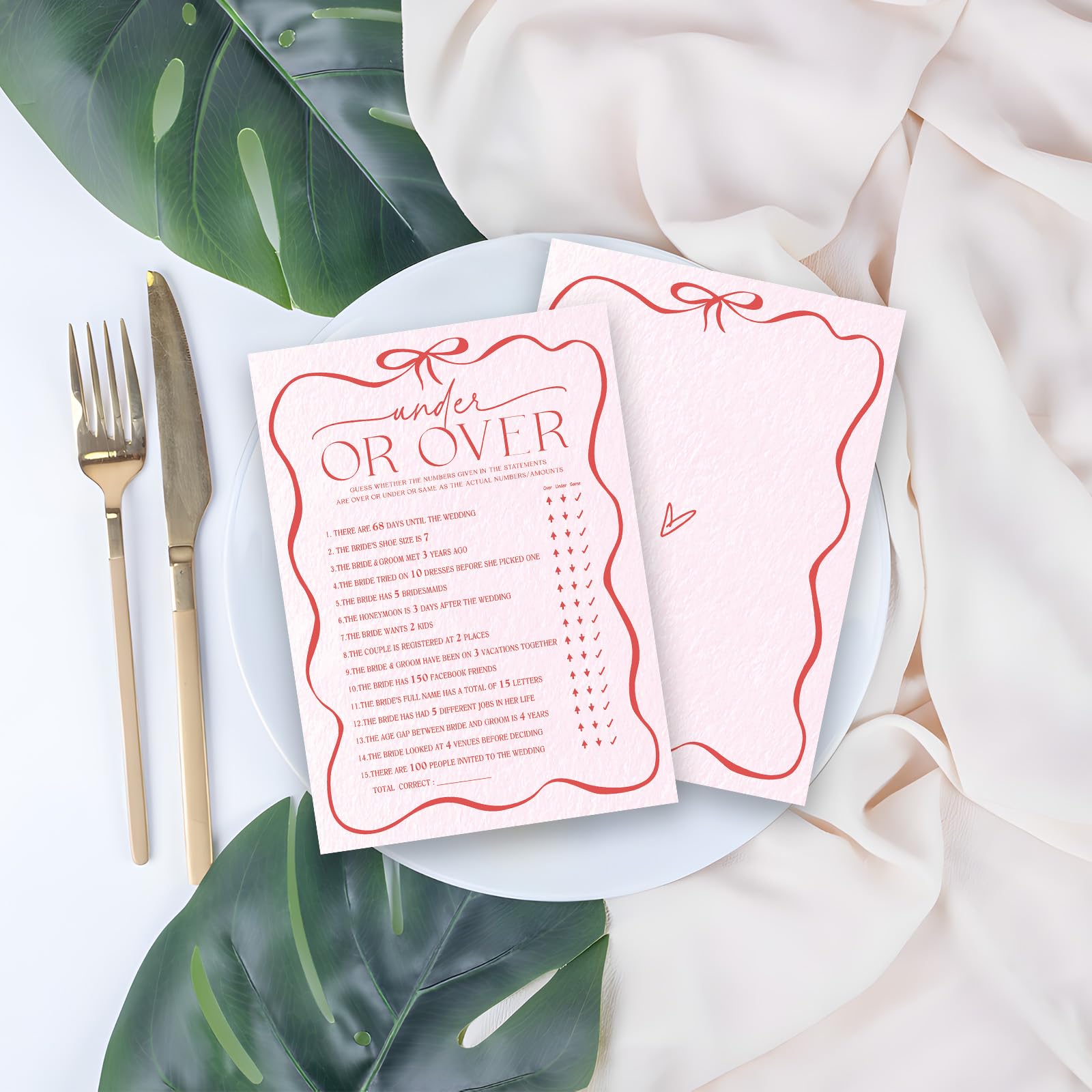 Tarjetas de juego de despedida de soltera con lazo rosa de 5 x 7 pulgadas, debajo o más, 30 tarjetas de juego de boda de doble cara, compromiso y fiesta de boda, actividades y decoración, A04