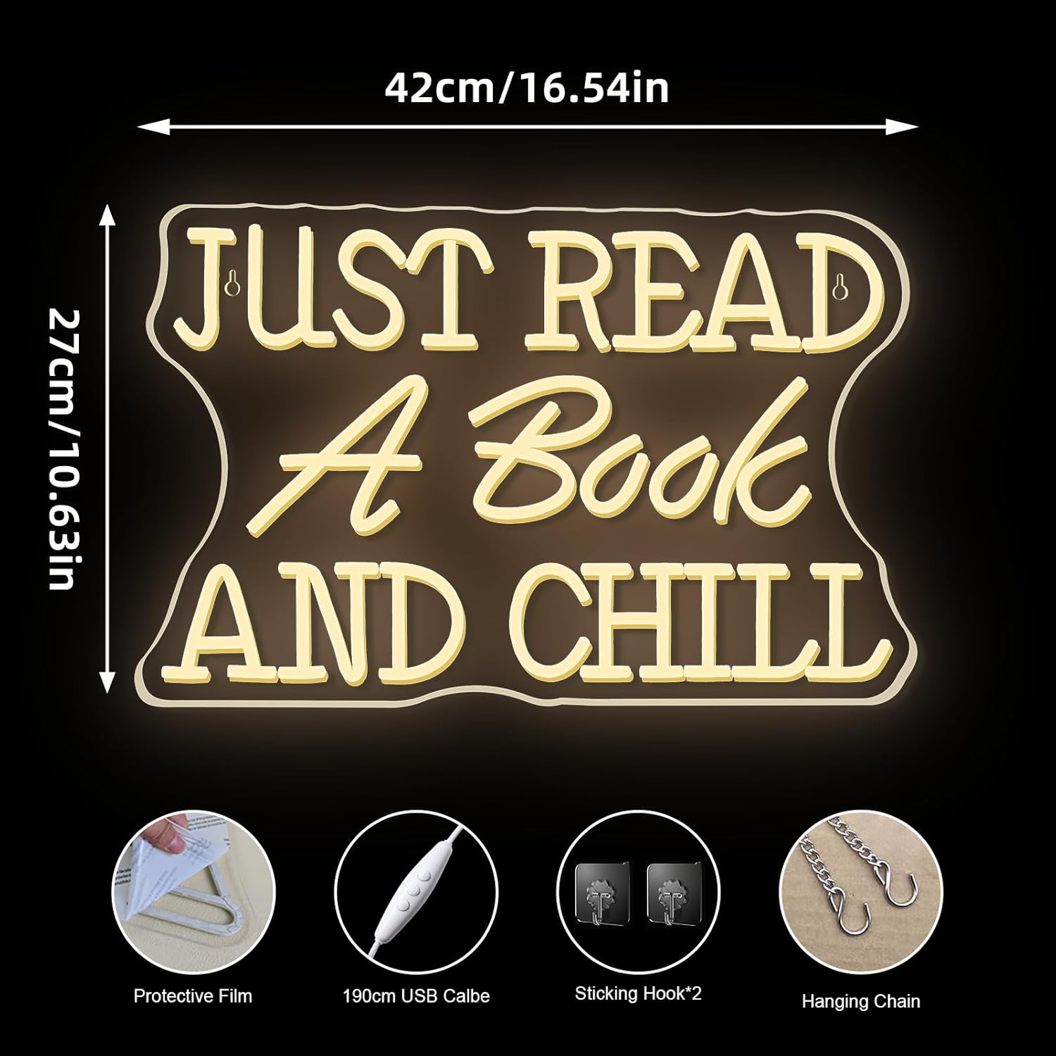 Just Read a Book and Chill White LED Neon Lights Wall Decor LED Sign with Dimmable Switch Neon Light Up Sign for Classroom Bookstore Library Study Room Reading Party