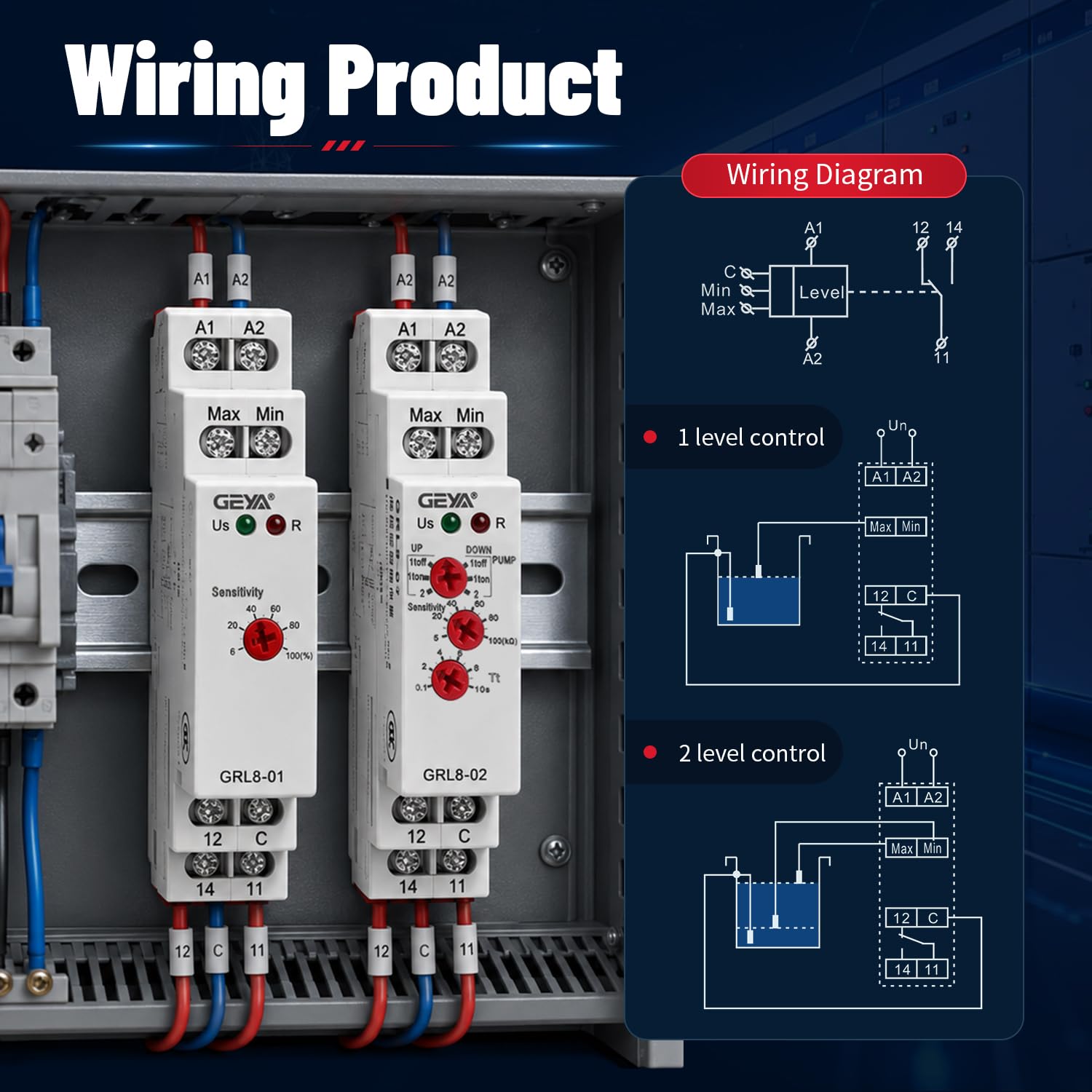 Relè di Controllo a Timer per Liquidi Controllore Elettronico di Livello Liquido 10A(Sensore GRL8-02,AC/DC24V-240V)