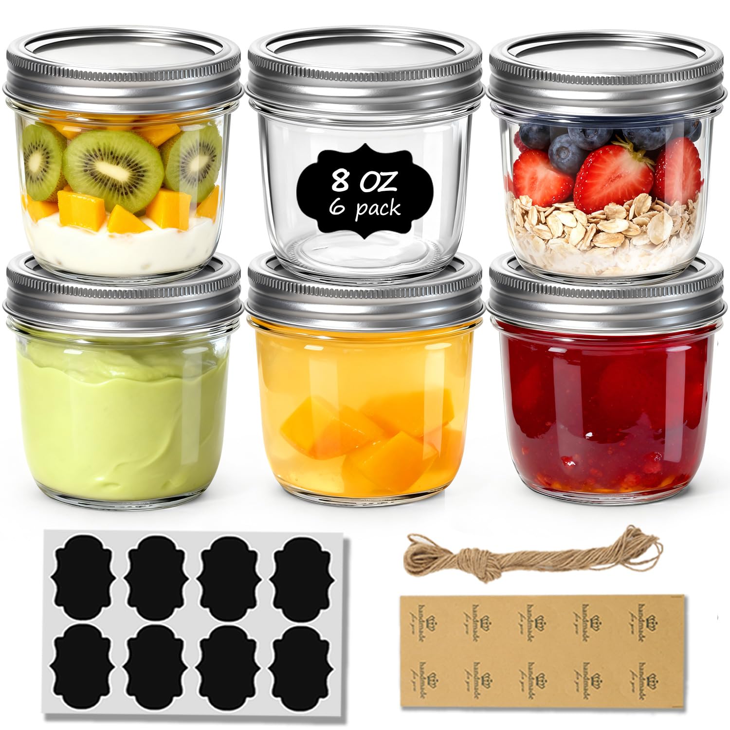 ComSaf 8 oz Wide Mouth Mason Jars, 6 Pack Small Half Pint Jars with Lids | BPA-Free, Half-Pint Portion, Chunky Salsa, Overnight Oats, Party Favors, Meal Prep, DIY Candles, Labels and Twine
