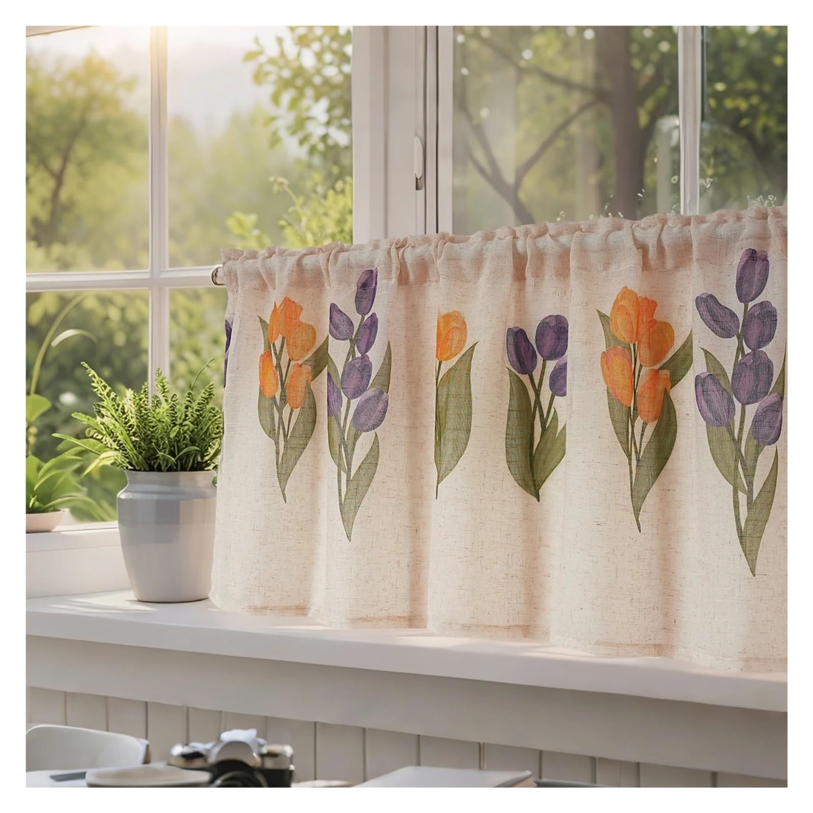 LNNXSZ Short Curtains Tulip Print Linen Short Curtain Valance For Living Room Bedroom Minimalist Style Decor Small Window Treatment(100x60cm)