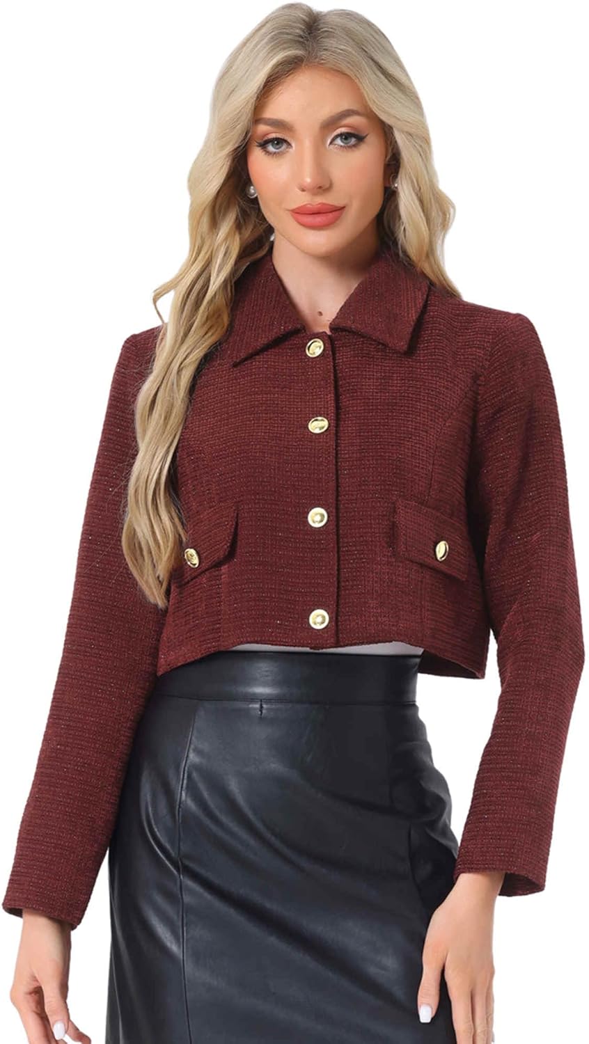 Allegra K Button Blazer for Women's Short Suit Collared Crop Tweed Jacket