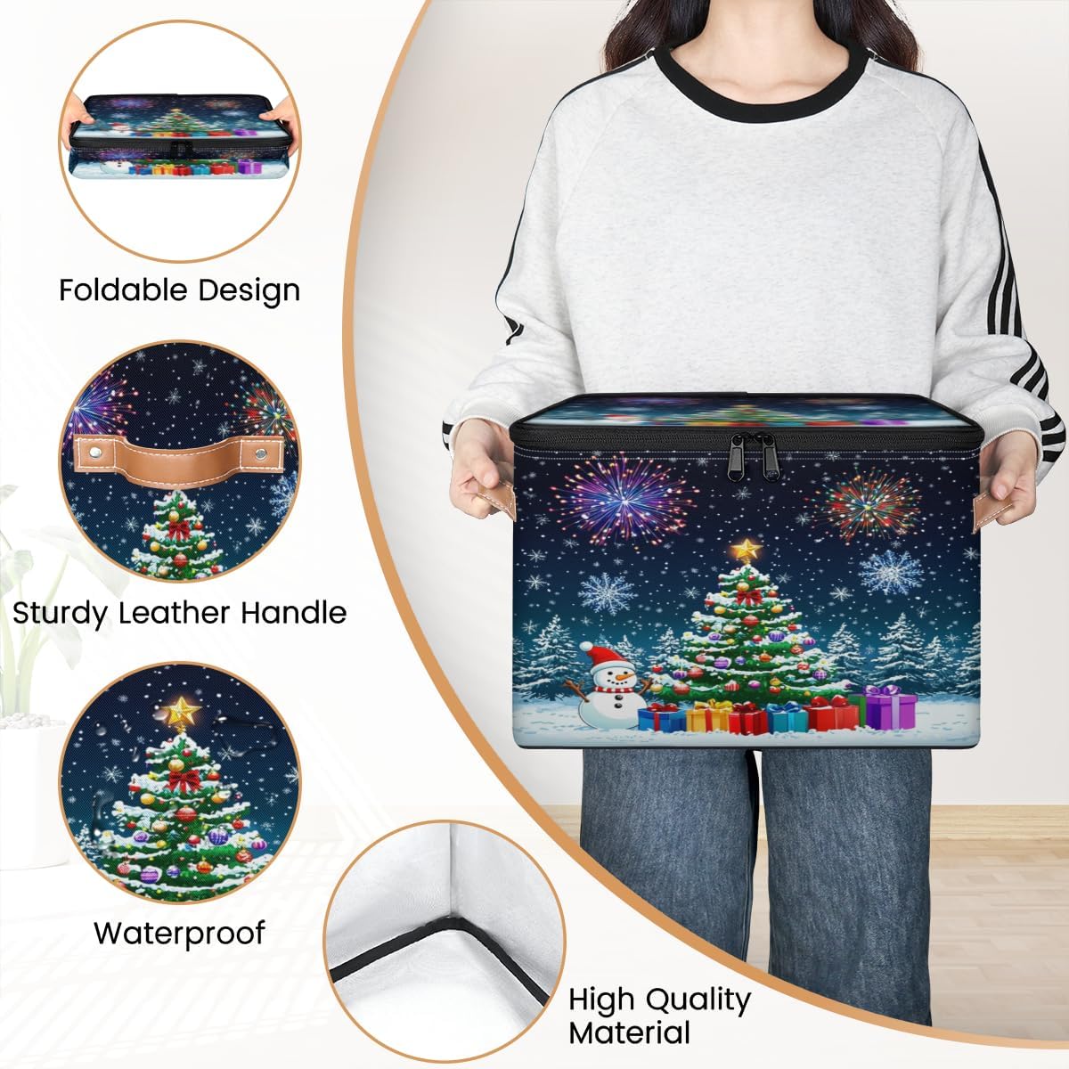 Storage Bin Set of 2 Christmas Tree Snowman Snow Storage Basket with Zipper Lid & Handle Foldable Closet Shelf 2 Pack Cloth Organizer Basket Cube Bins for Bedroom, Nursery