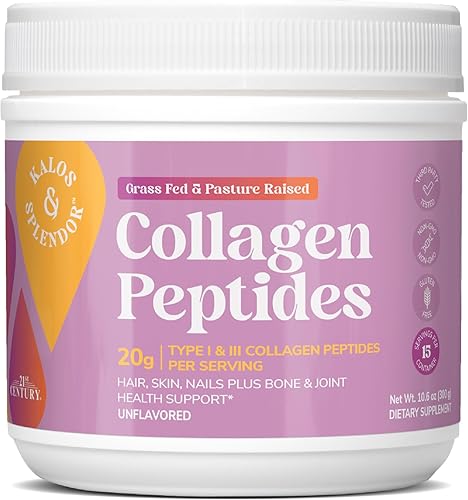 21st Century Kalos & Splendor - Péptidos de colágeno hidrolizado, 20g, péptidos de colágeno bovino sin sabor, tipo I y III, 18g de proteína por