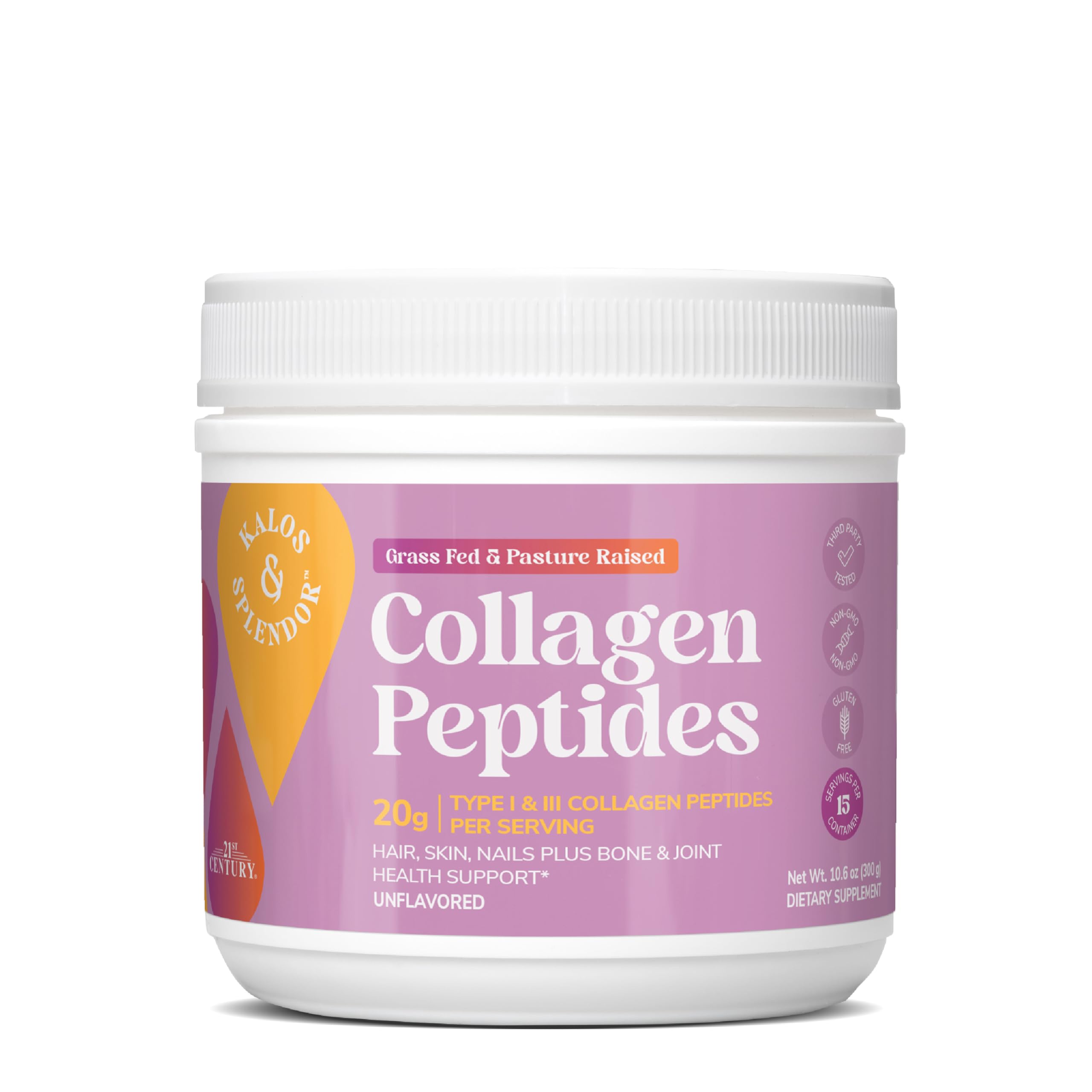 21st Century Kalos Splendor Hydrolyzed Collagen Peptides 20g Unflavored Bovine Collagen Peptide Type I III 18g Protein per