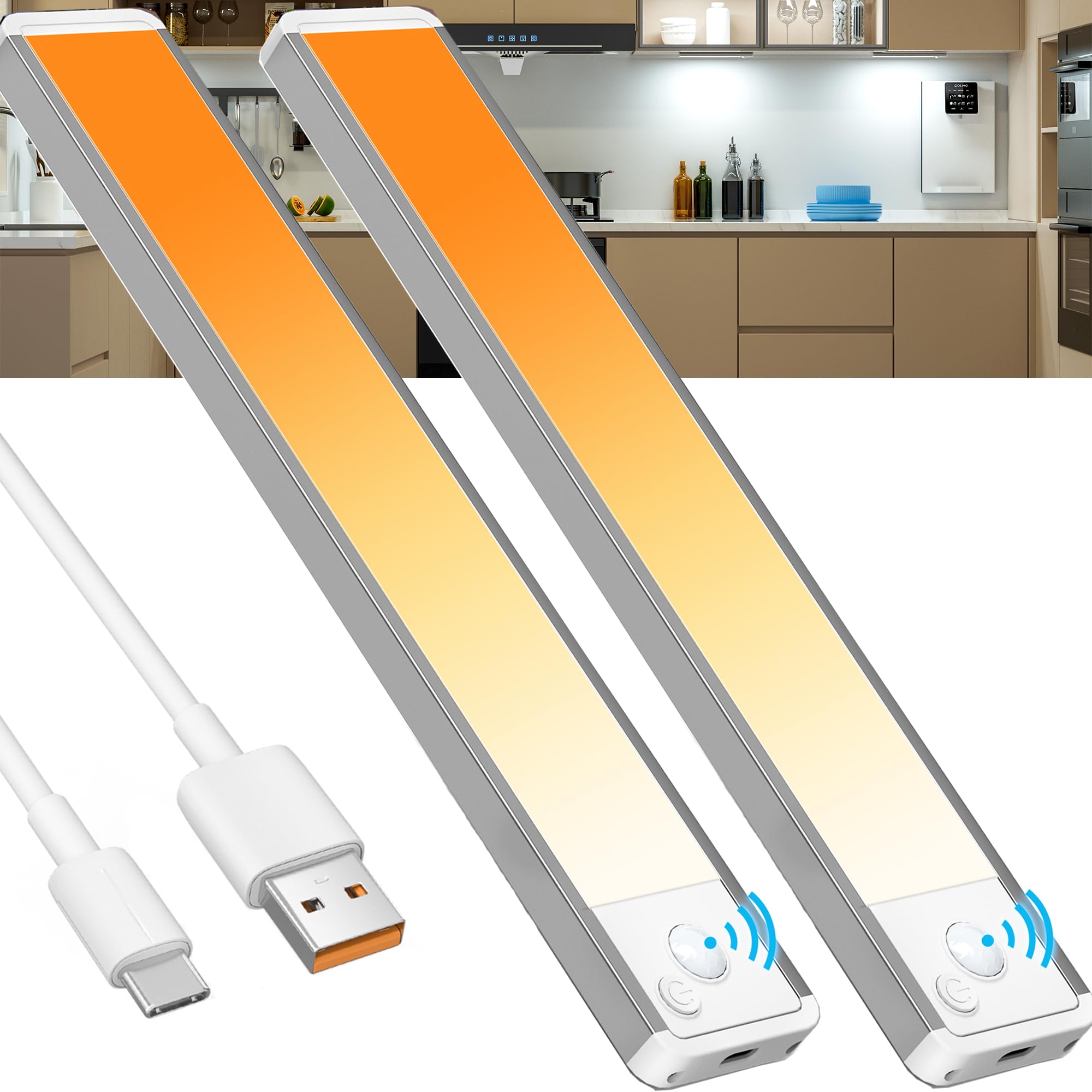 GWULC 2700K Warmweiß 20CM 2 Stück Schrankbeleuchtung Unterbauleuchte Küche LED Bewegungsmelder Licht Akku Lampe