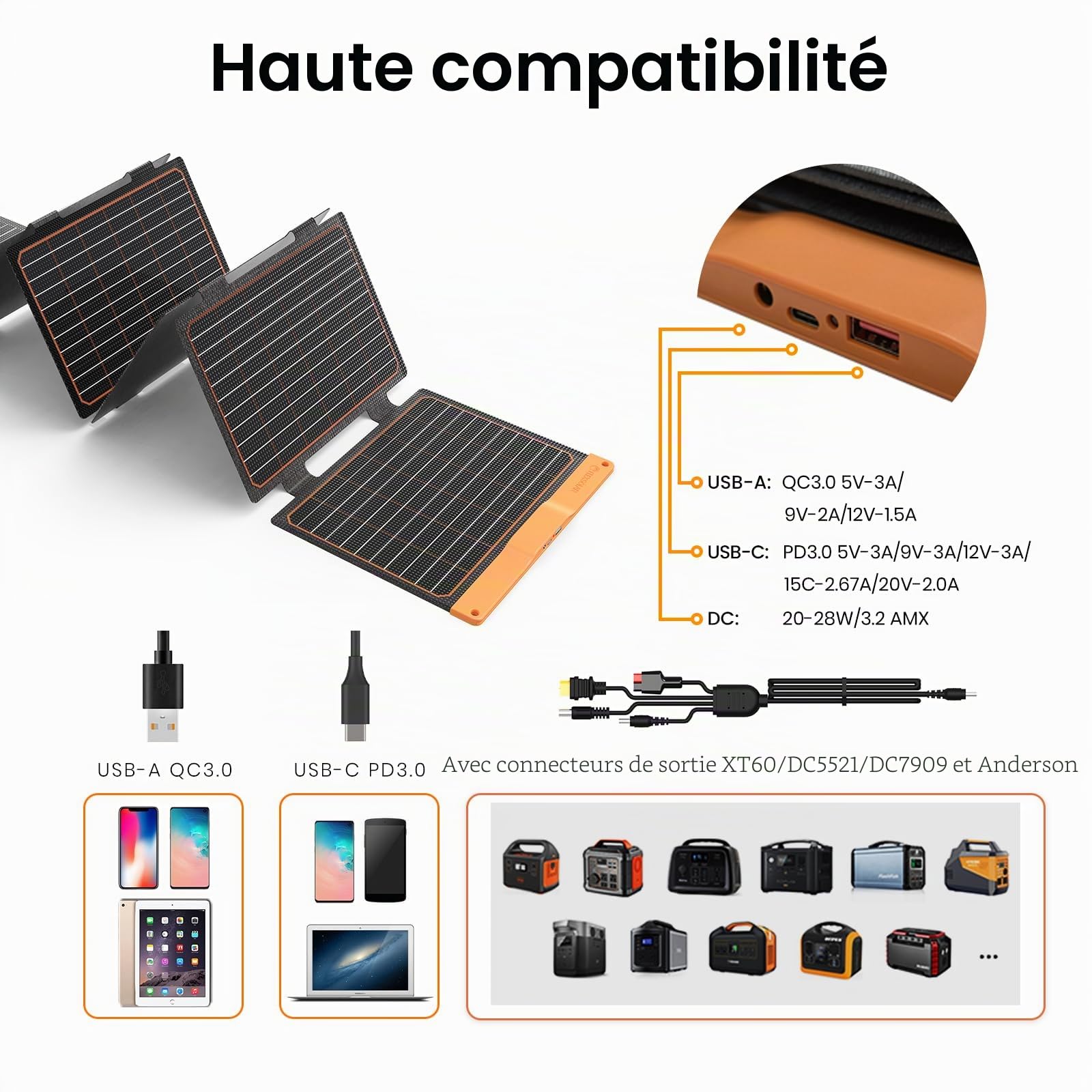 Lot de 2 panneaux solaires 60 W Flexsolar - Portable et pliable - IP67 - Étanche - Pour le camping - Convient pour les petits générateurs, téléphones, banques d'énergie mobiles