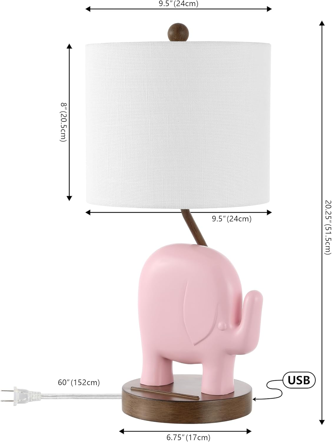 JONATHAN Y 20.25" Pink Elephant Kids Table Lamp with USB Port and Phone Stand, Bohemian Resin Animal Bedside Light with Linen Shade, LED Bulb Included (JYL6312B)