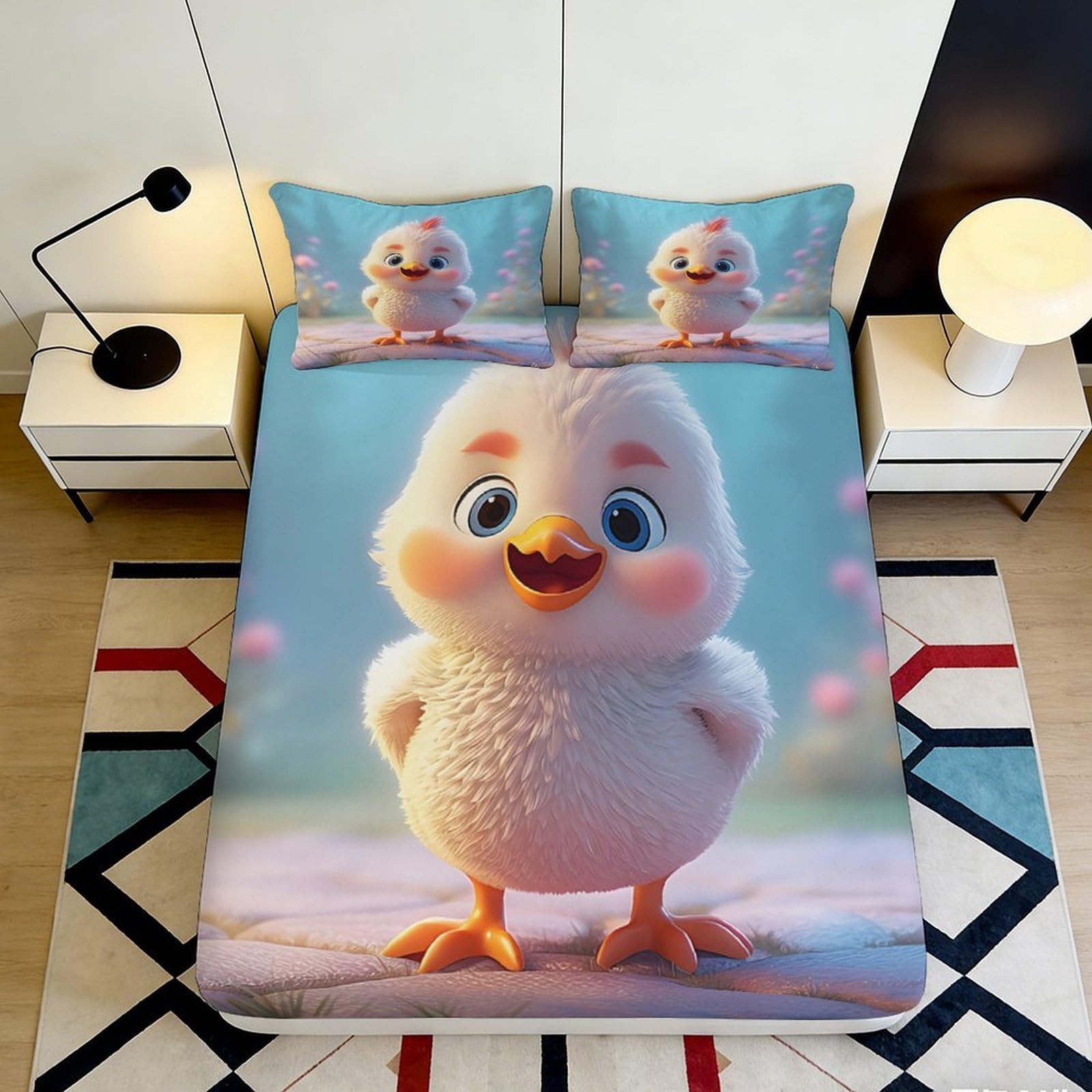 3D Printed Cartoon Chick Fitted Sheet Microfiber Deep Pocket Bedding Cartoon Mattress Fitted Cover Soft Washable Non-Slip 180x200x25cm