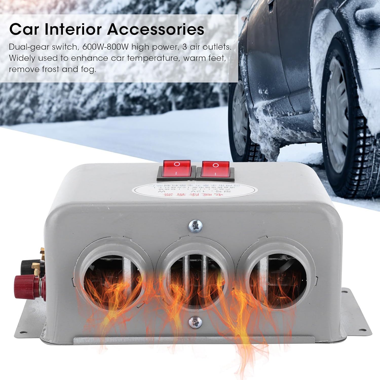 Automobile Interior Heater, 12V 600W‑800W Dual Gear 3 Hole Compact Car Demister Winter Fast Heating Warmer Frost Removing Low Noise Car Windshield Defroster and Defogger (80-100℃)