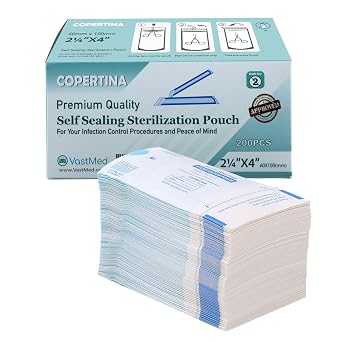 200 قطعة أكياس تعقيم ذاتية الغلق 2.25 x 4 بواسطة Vastmed | أكياس تعقيم الأوتوكلاف ذات المؤشرات المزدوجة للأدوات الطبية للأسنان والأدوات النظيفة