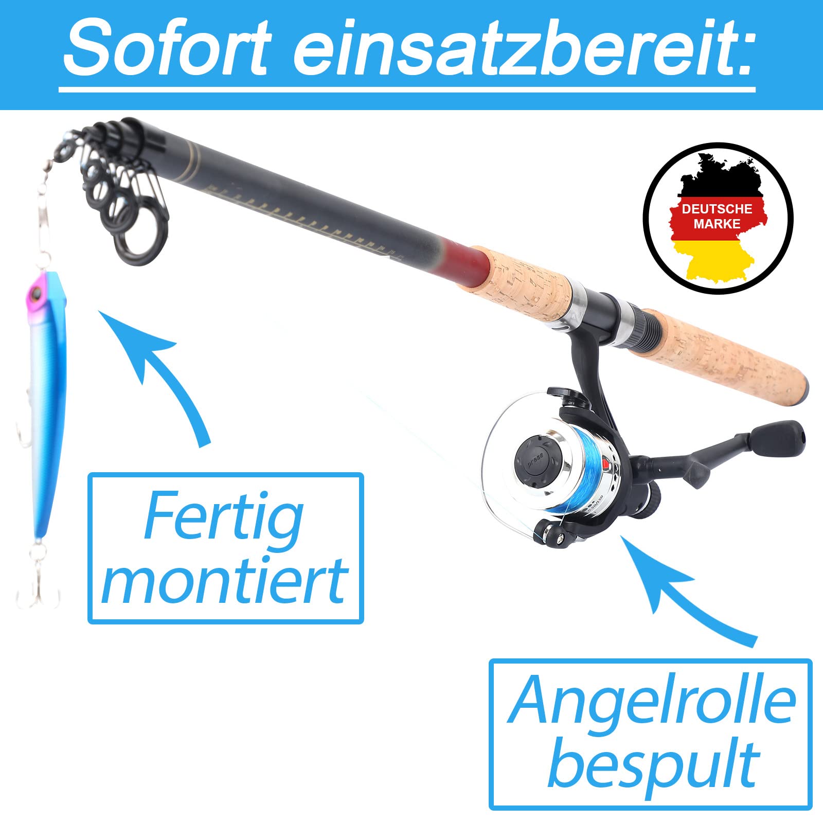 Angelset Hecht/Zander mit Kescher [Angelfertig montiert & Angelrolle bespult], Angel Set komplett Profi & Einsteiger, Starter-Set für Raubfisch Angeln, Teleskoprute 2,70 m