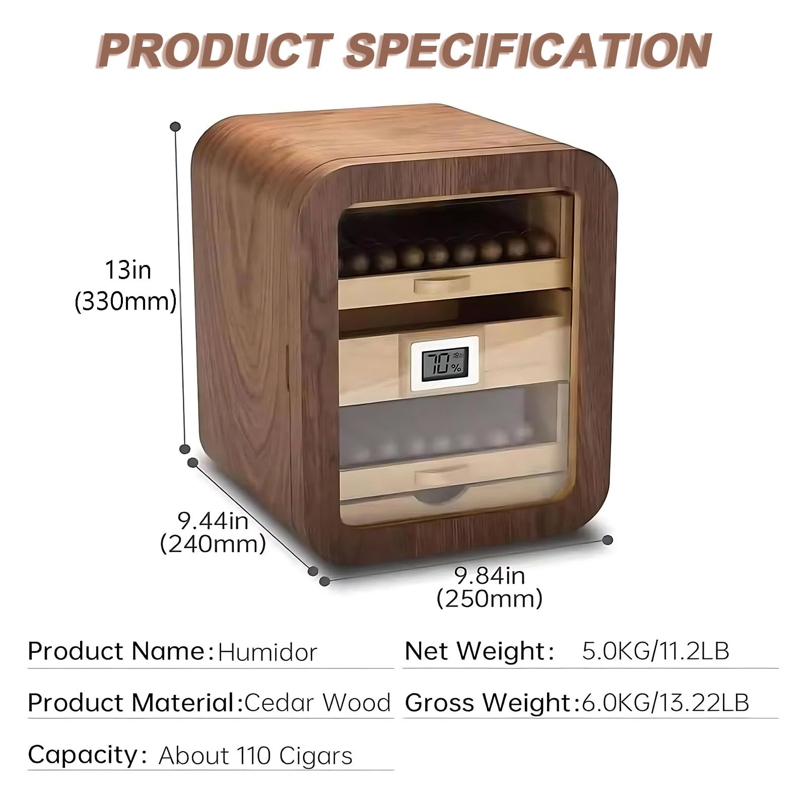 Cave A Cigare,Humidor Cigare & Boîte À Cigares Fenêtre Hautement Transparente (Surveille Températures/Humidité),pour Utilisation sur Bureau dans des Études Ou Bureaux WithoutSkylight