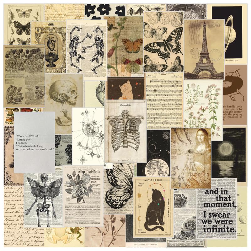 Image of POSTERONN Vintage Wall Collage Kit Pack of 54 Posters 4x6 Inches | Aesthetic Photo Cards for Wall Decor | Cardstock Prints | Glue Dots Included | Room Bedroom Dorm Decoration Set