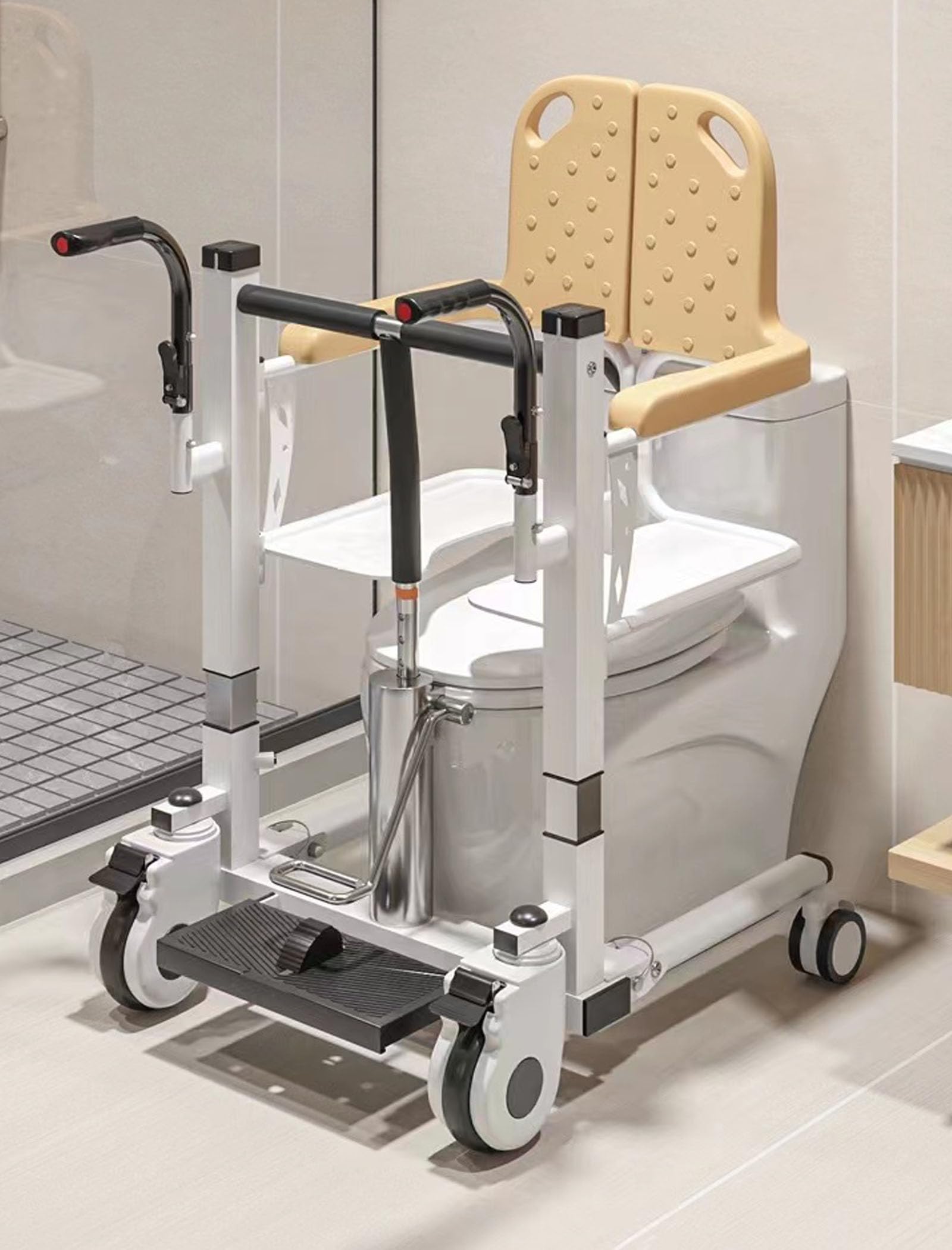 Hydrauliczny podnośnik pacjenta, fotel transferowy i wózek inwalidzki pod prysznic z paskiem podnoszącym, nośność do 150 kg