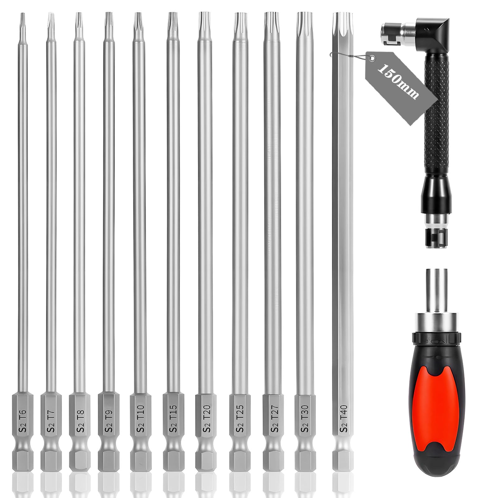 fifibang 11tlg Torx Bit Lang 150mm mit Griff und Schraubenschlüssel, Hex Schraubendreher Bits Set 1/4" Magnetisch Sternenkopf, T6,T7,T8,T9,T10,T15,T20,T25,T27,T30,T40