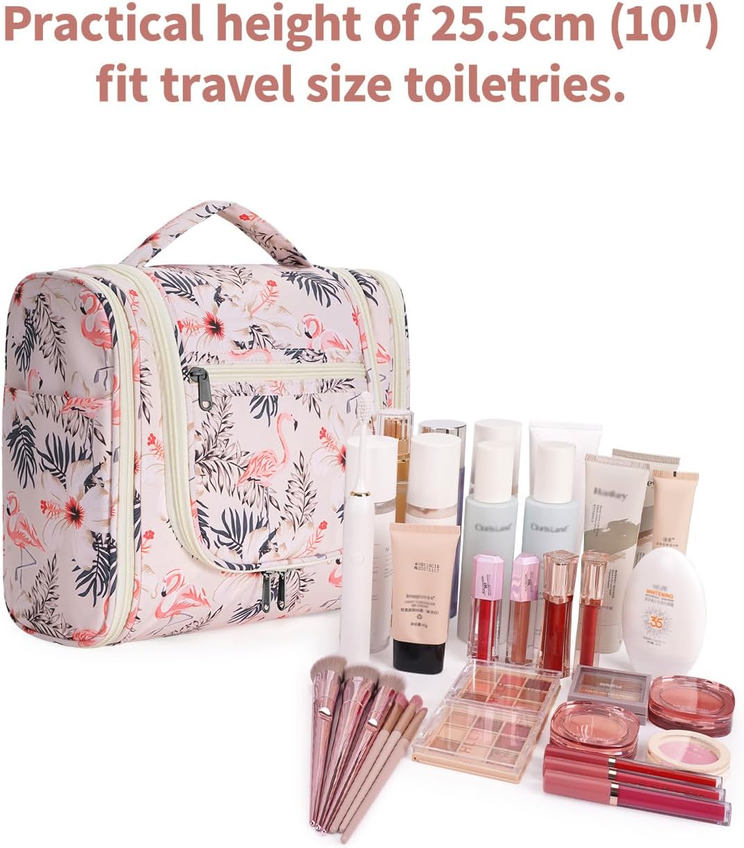 Narwey Hanging Toiletry Bag for Women Travel Makeup Bag Organizer Toiletries Bag for Cosmetics Essentials Accessories (Large, Beige Bird) - Image 4