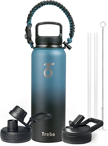 Miniatura 22 de Trebo Botella de Agua de 24 oz Aislada con Tapa y Pajita, Termo de Acero Inoxidable de Doble Pared al Vacío con Mango de Paracord, Frasco Deportivo