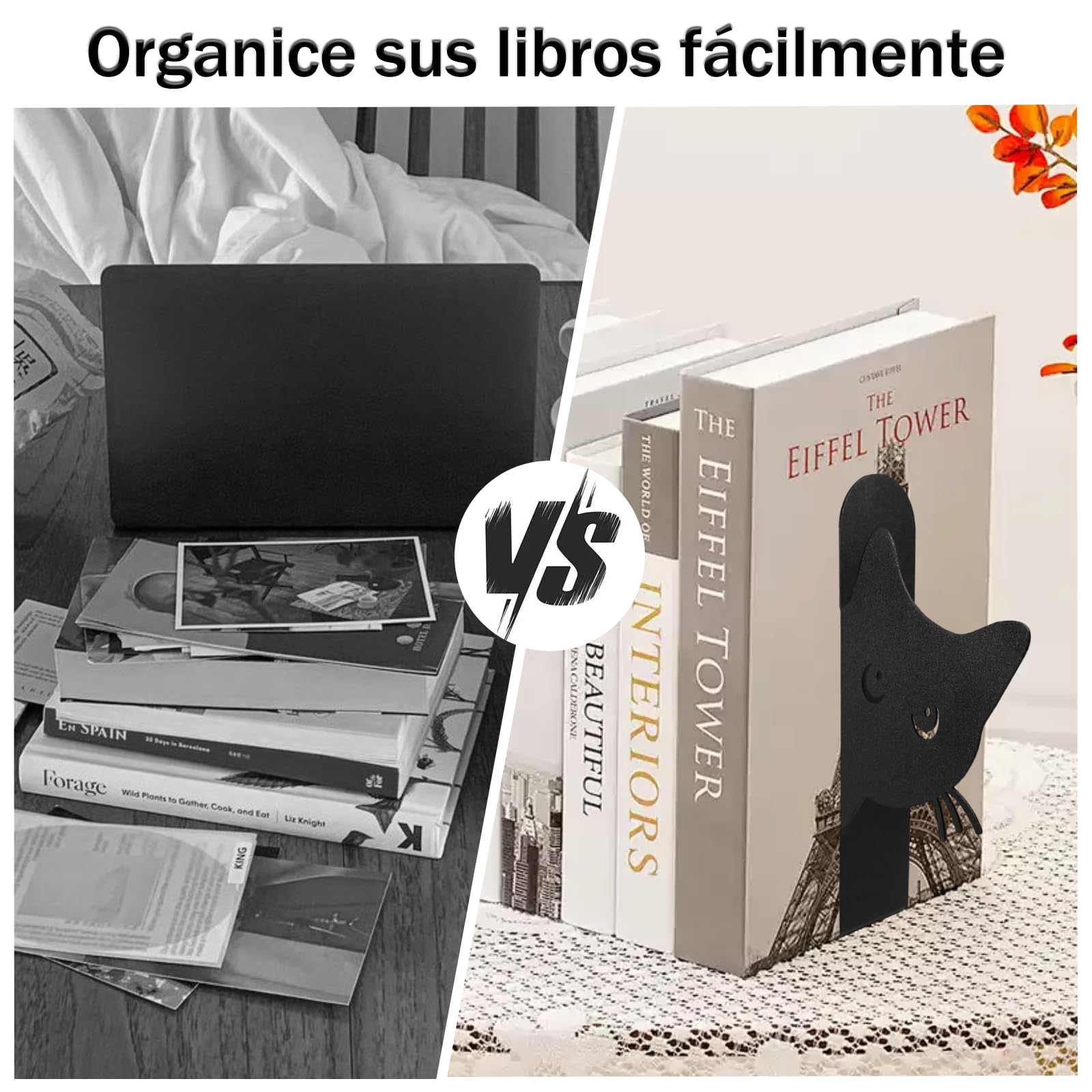 Sujetalibros de Metal, Pack de 2 Sujetalibros Gato Decorativos, Soportes para Libros Estantes, Oficina, Hogar, Negro