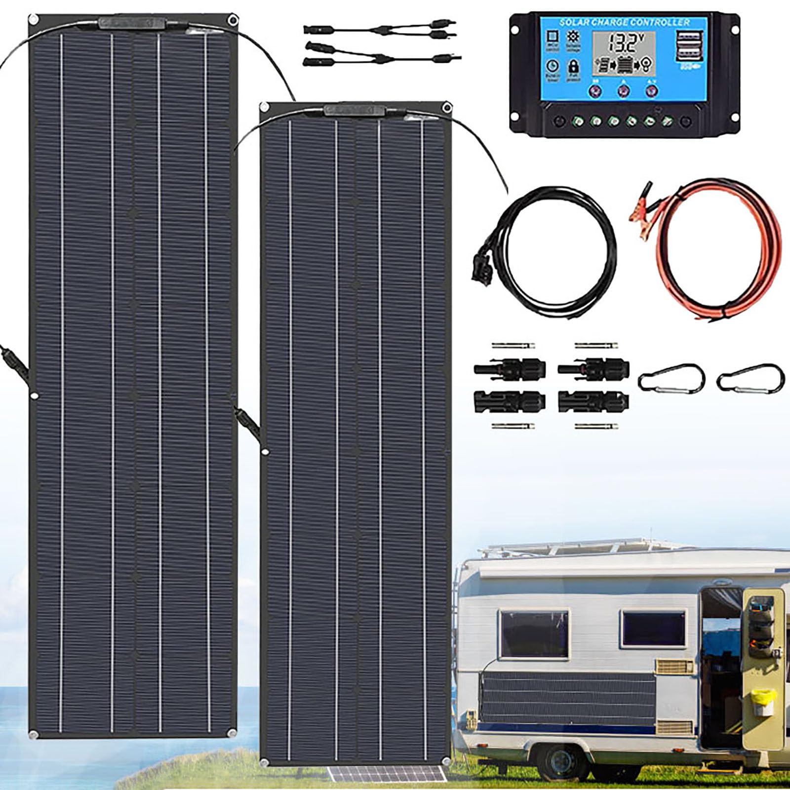 Panneaux Solaires Flexibles de 400 Watts, 2 Pièces Kit de Panneaux Solaires Monocristallins de 200 W pour Chargement de Batterie 16-24 V, Camping-Car, Yacht, Bateau,Black