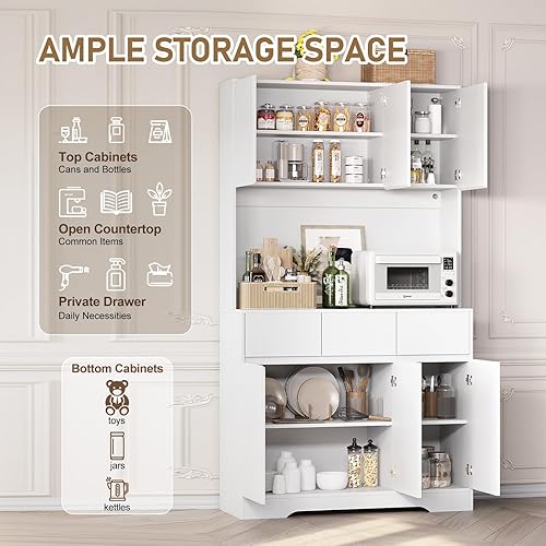 Miniatura 5 de KAMABOKO Gabinete de despensa de cocina de 71 pulgadas con luz LED y estación de carga, armario alto de almacenamiento de despensa con estantes