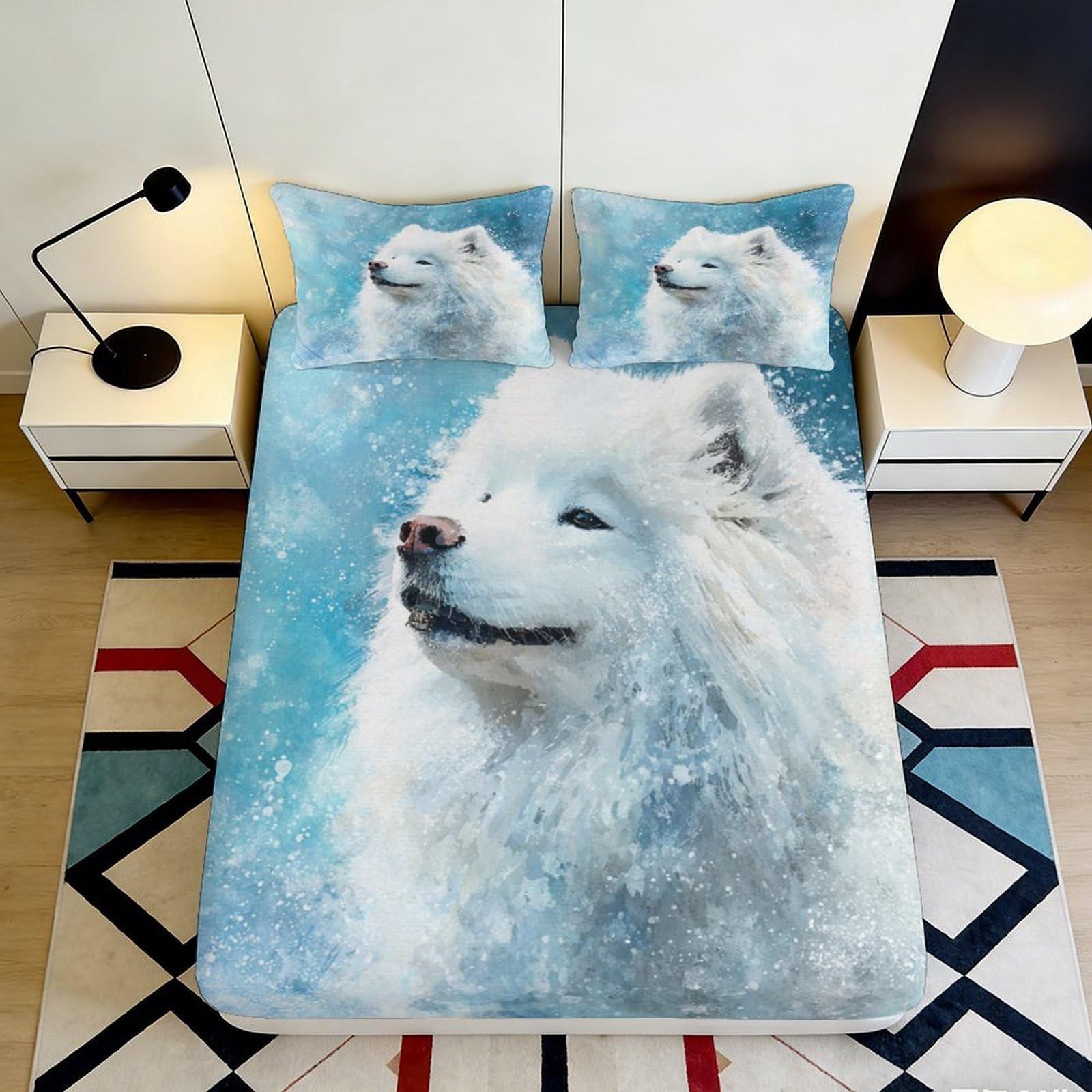 3D Printed Arctic Wolf Fitted Sheet Microfiber Deep Pocket Non-Slip Bedding Set Arctic Wolf Mattress Fitted Cover Elastic Hem Washable 200x200x25cm 90x200x25cm